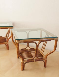 PAIR! FICKS & REED! BAMBOO & WICKER GLASS SIDE TABLES! WOOD MCM McGUIRE ERA 70s