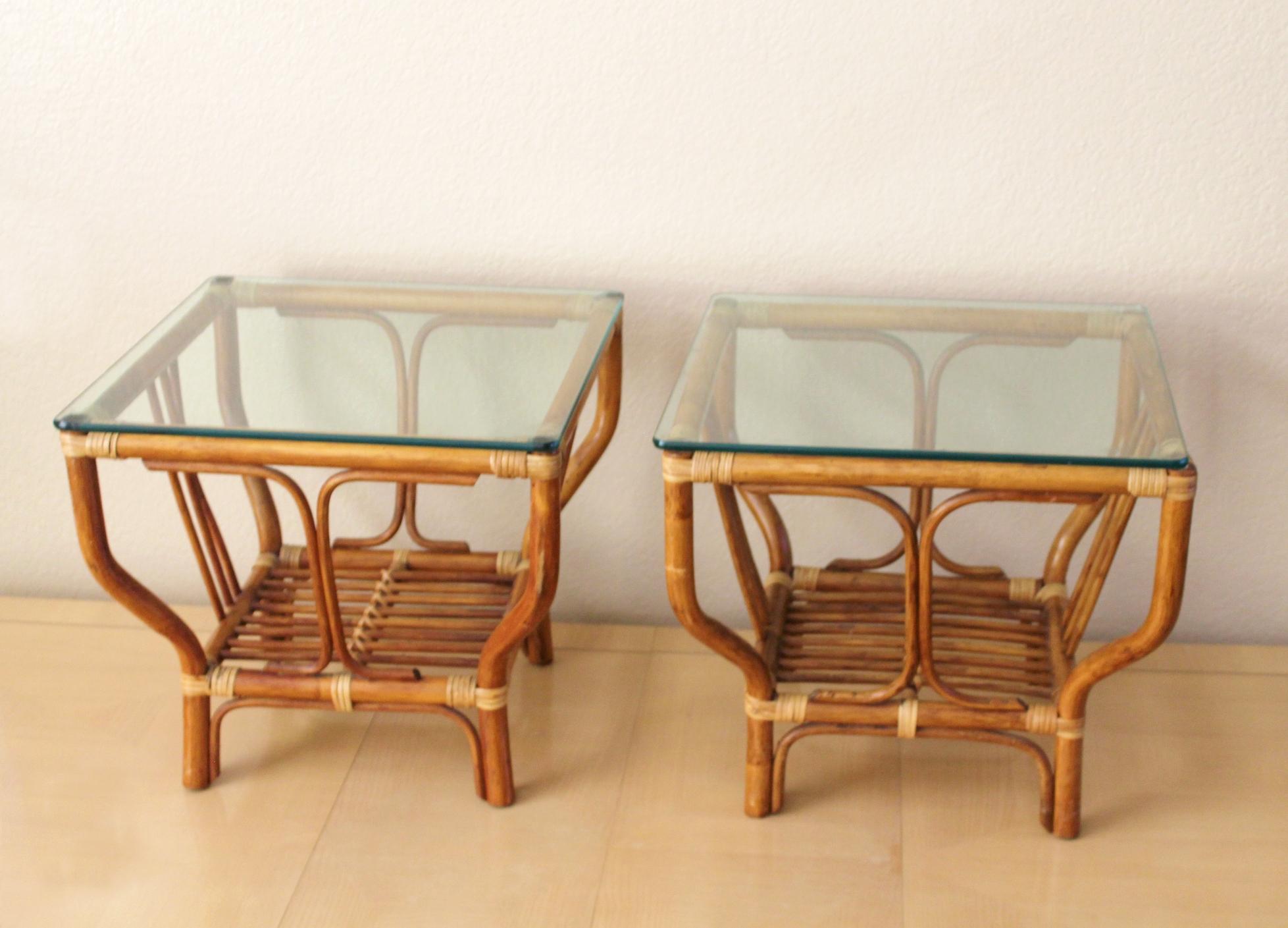 Bamboo PAIR! FICKS & REED! BAMBOO & WICKER GLASS SIDE TABLES! WOOD MCM McGUIRE ERA 70s For Sale