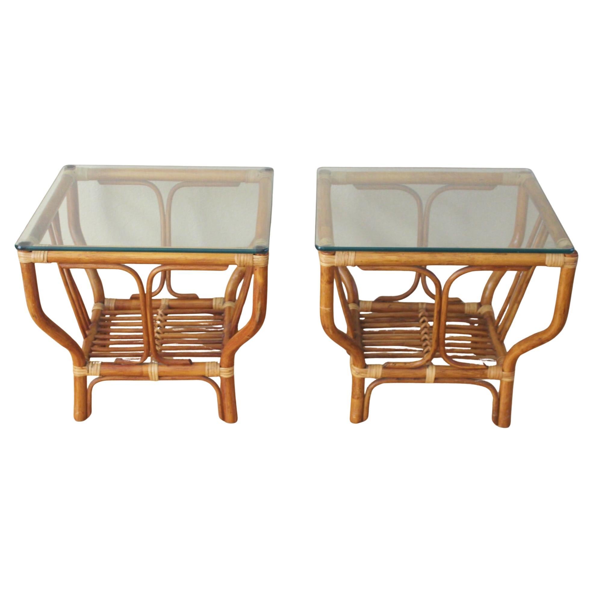 PAIR! FICKS & REED! BAMBOO & WICKER GLASS SIDE TABLES! WOOD MCM McGUIRE ERA 70s For Sale