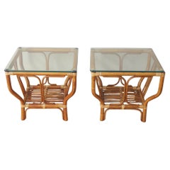 PAIR! FICKS & REED! BAMBOO & WICKER GLASS SIDE TABLES! WOOD MCM McGUIRE ERA 70s