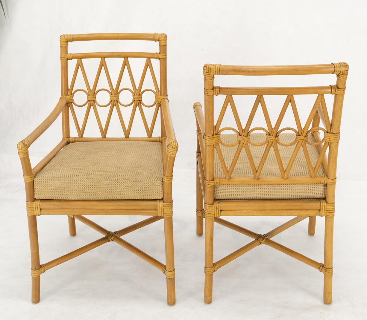 American Pair Ficks Reed Blonde Rattan Leather Straps Design Armchairs Side Chairs 1970's
