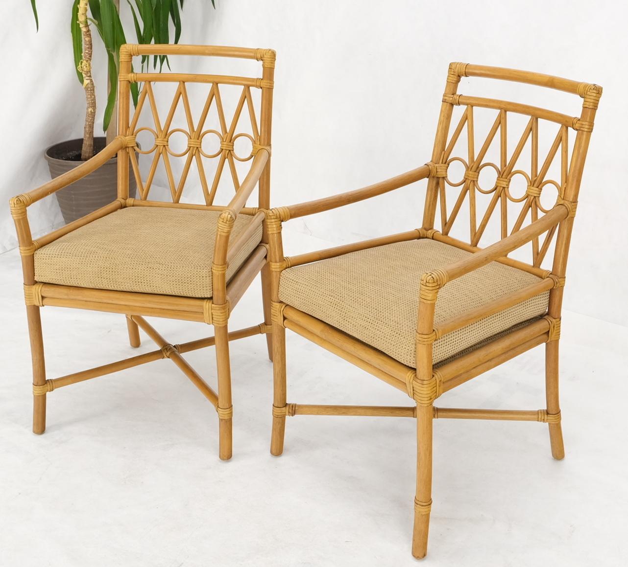 Pair Ficks Reed Blonde Rattan Leather Straps Design Armchairs Side Chairs 1970's In Good Condition In Rockaway, NJ