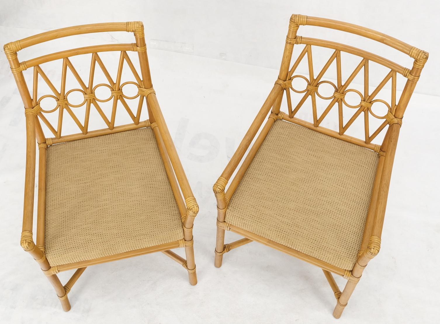 Pair Ficks Reed Blonde Rattan Leather Straps Design Armchairs Side Chairs 1970's 1