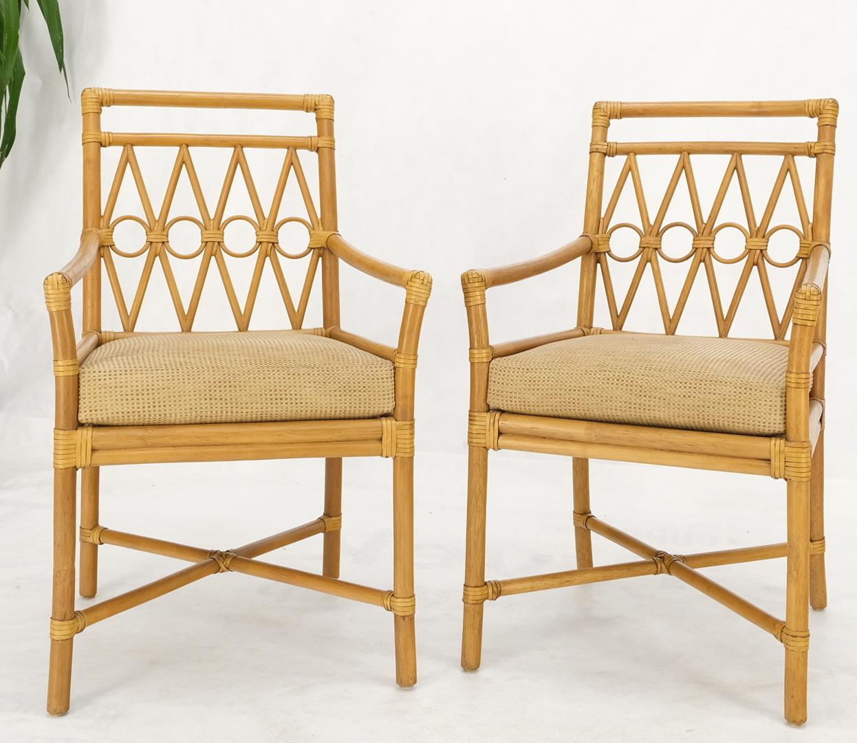 Pair Ficks Reed Blonde Rattan Leather Straps Design Armchairs Side Chairs 1970's 2