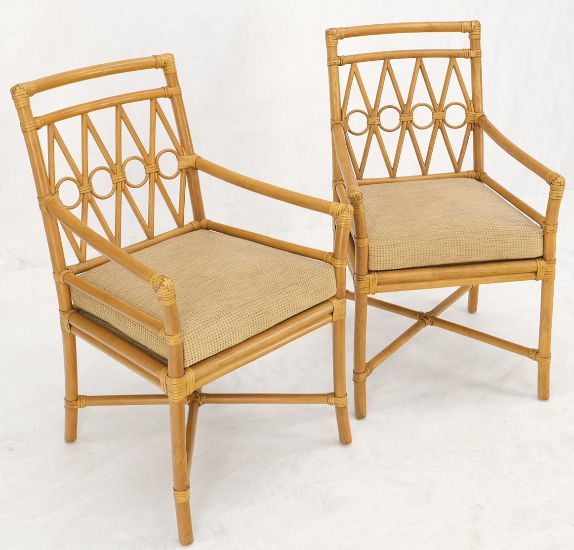 Pair Ficks Reed Blonde Rattan Leather Straps Design Armchairs Side Chairs 1970's 3
