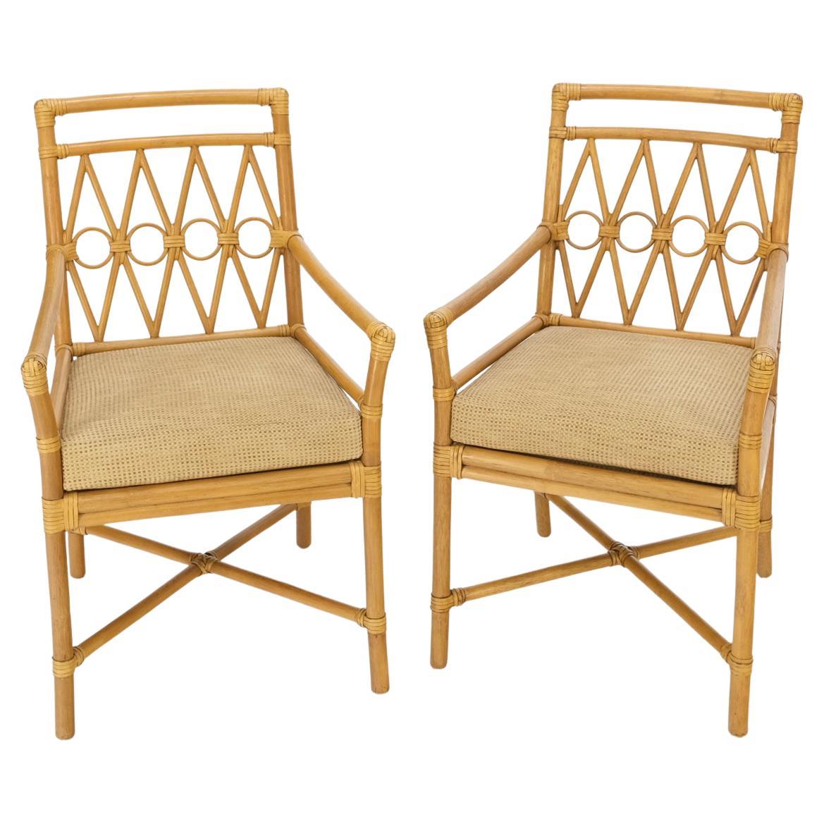 Pair Ficks Reed Blonde Rattan Leather Straps Design Armchairs Side Chairs 1970's