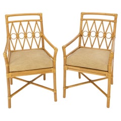 Pair Ficks Reed Blonde Rattan Leather Straps Design Armchairs Side Chairs 1970's