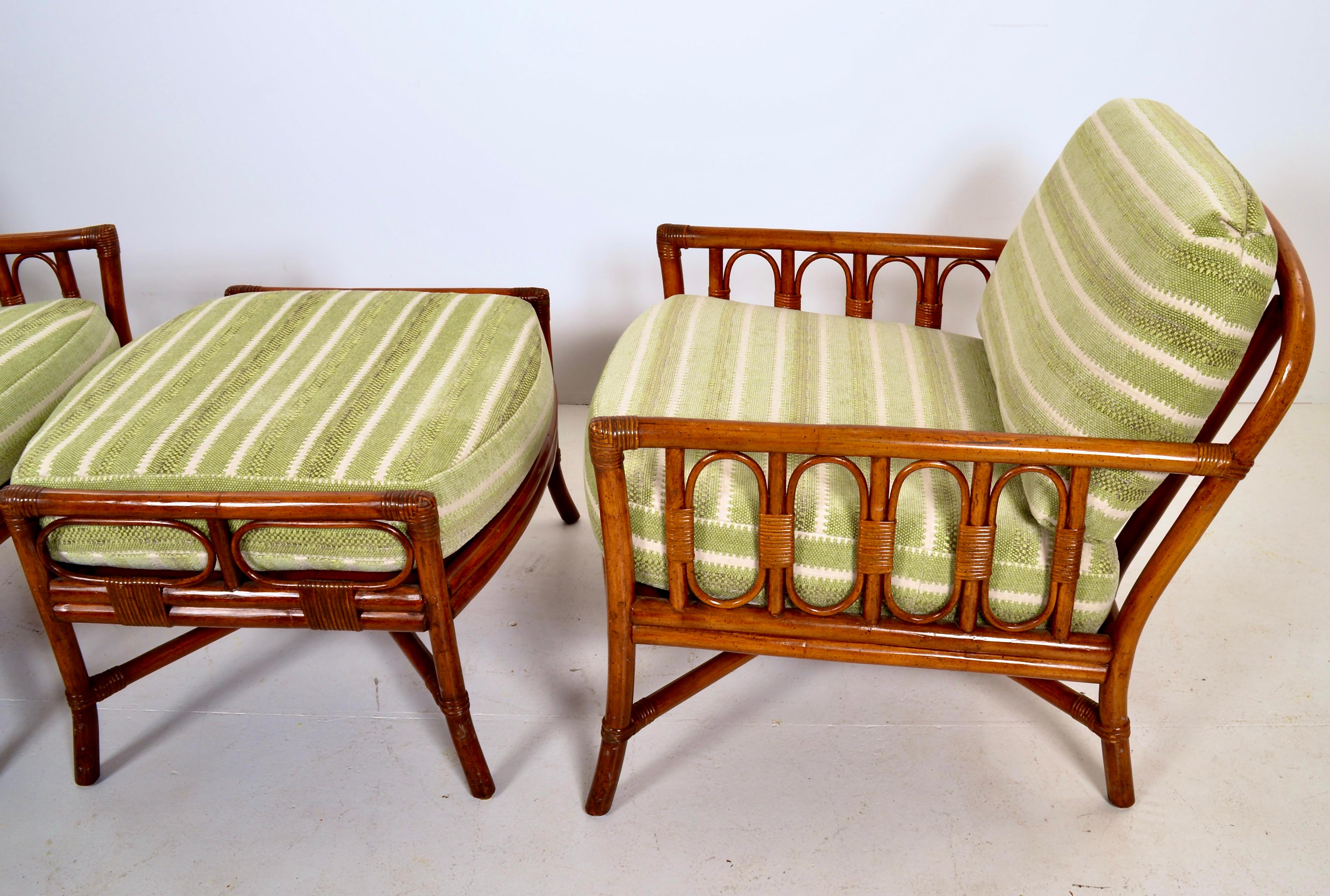 Organic Modern Pair Ficks Reed Rattan Arm Chairs w/ Ottoman, c 1990s