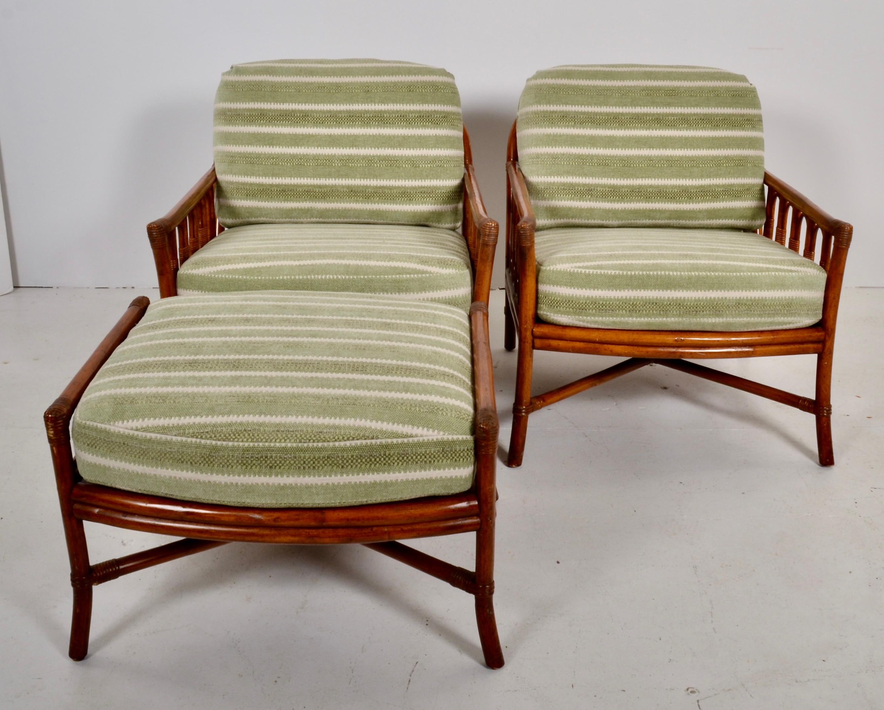 American Pair Ficks Reed Rattan Arm Chairs w/ Ottoman, c 1990s