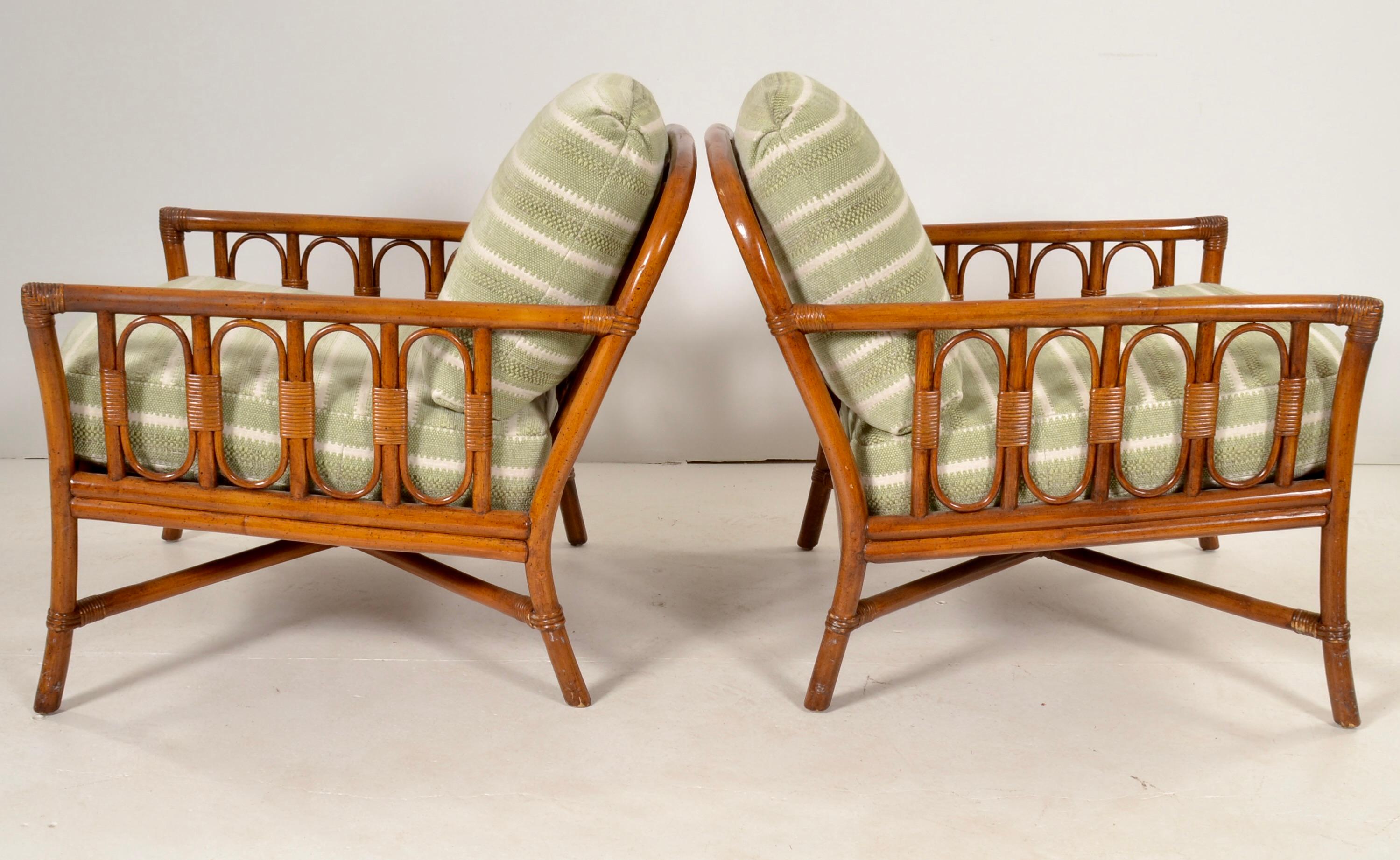 Pair Ficks Reed Rattan Arm Chairs w/ Ottoman, c 1990s In Good Condition In Norwalk, CT