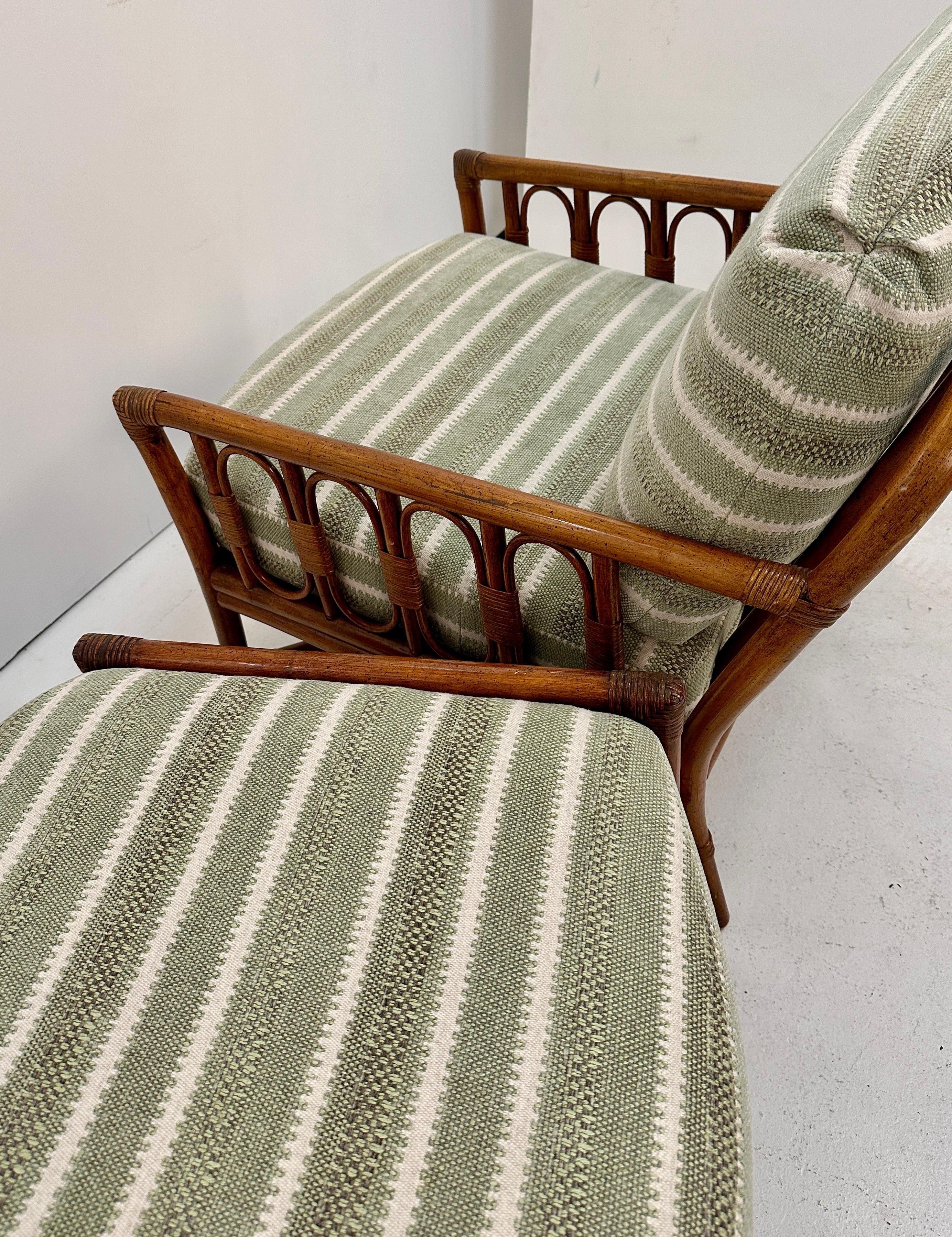 Late 20th Century Pair Ficks Reed Rattan Arm Chairs w/ Ottoman, c 1990s