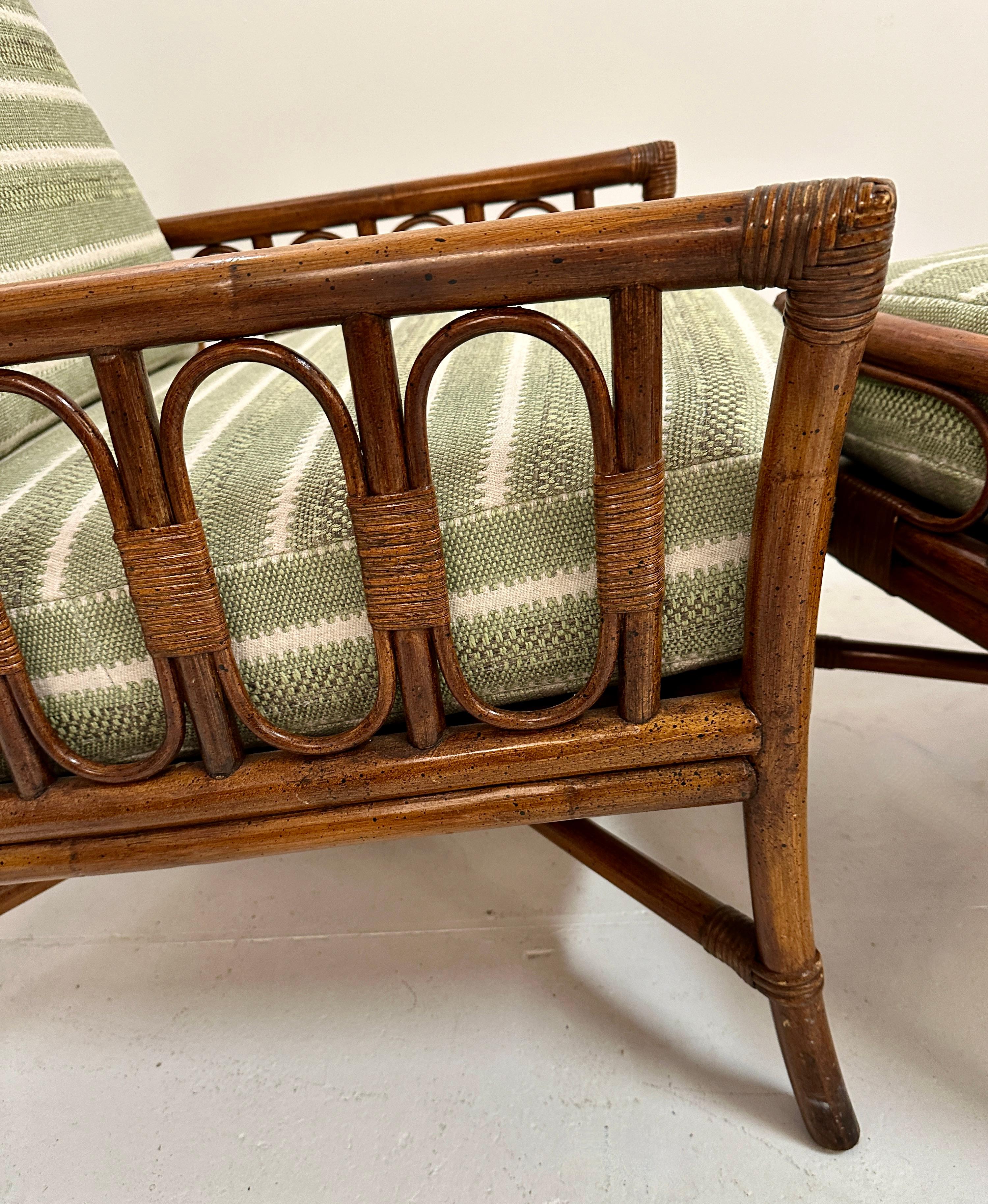 Upholstery Pair Ficks Reed Rattan Arm Chairs w/ Ottoman, c 1990s