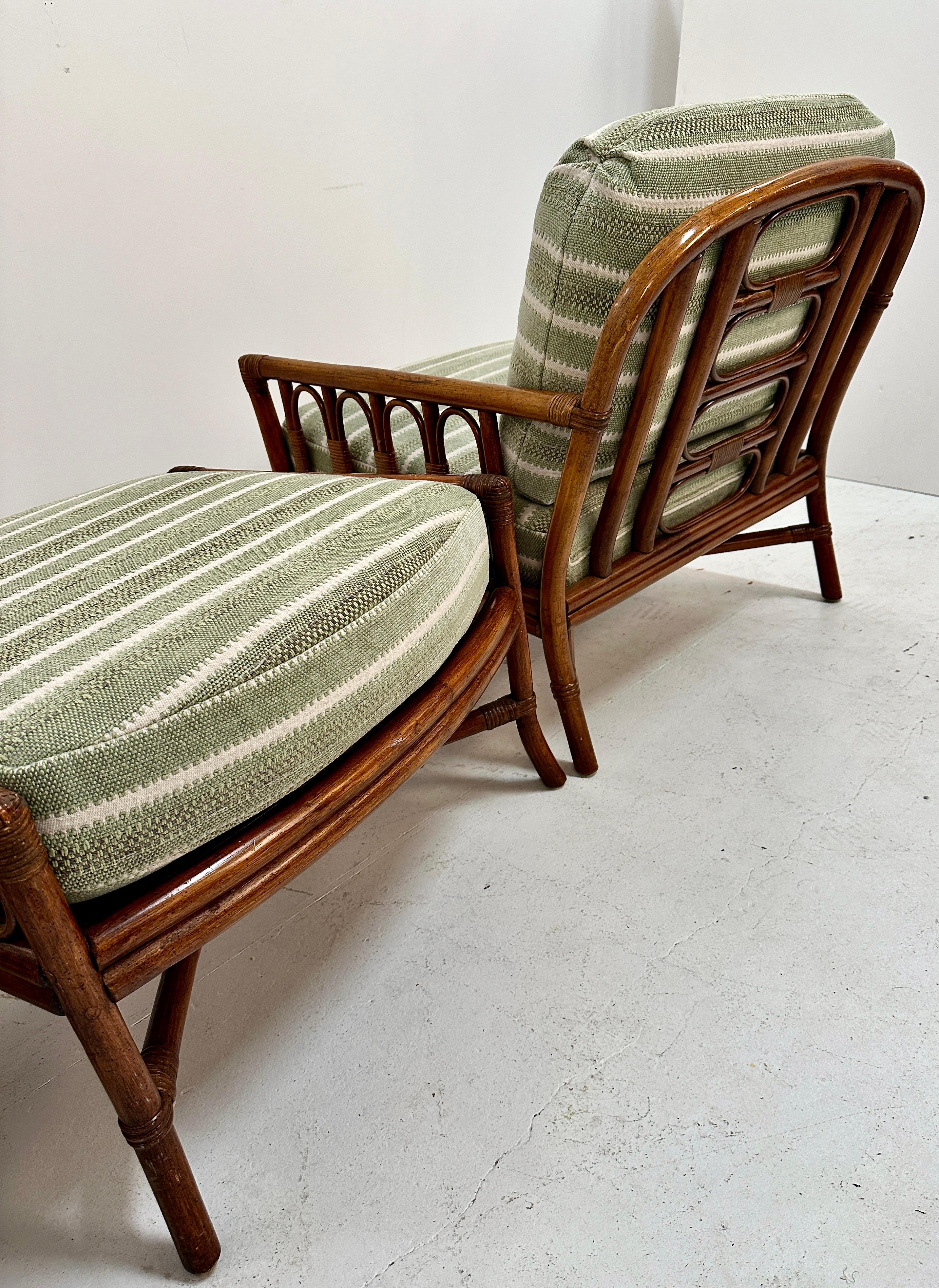 Pair Ficks Reed Rattan Arm Chairs w/ Ottoman, c 1990s 1