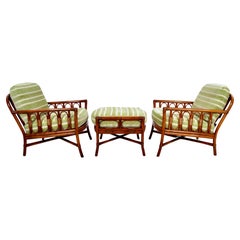 Pair Ficks Reed Rattan Arm Chairs w/ Ottoman, c 1990s