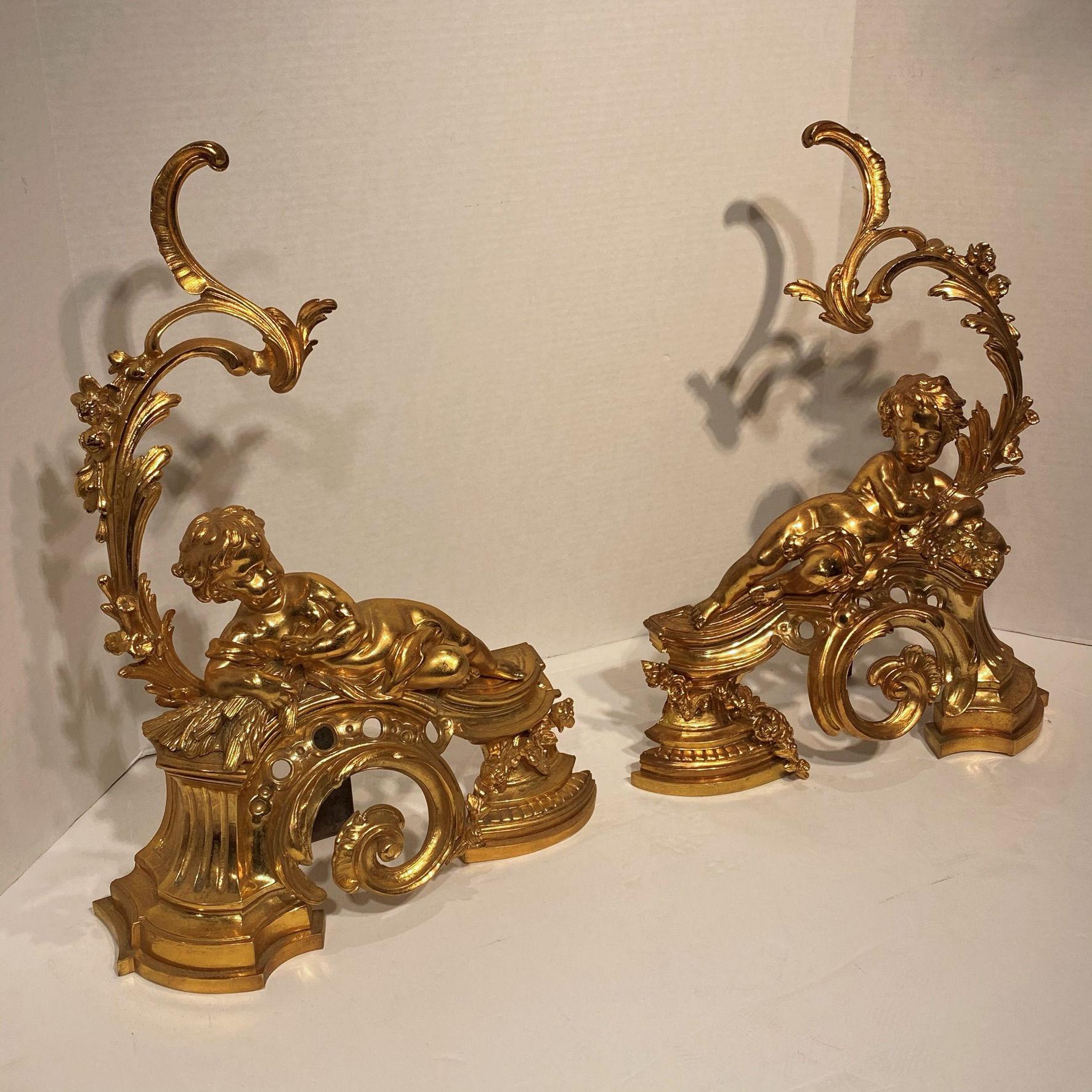 Pair of Figural Louis XV Style Cherub Motif Ormolu Bronze Andirons For Sale 4