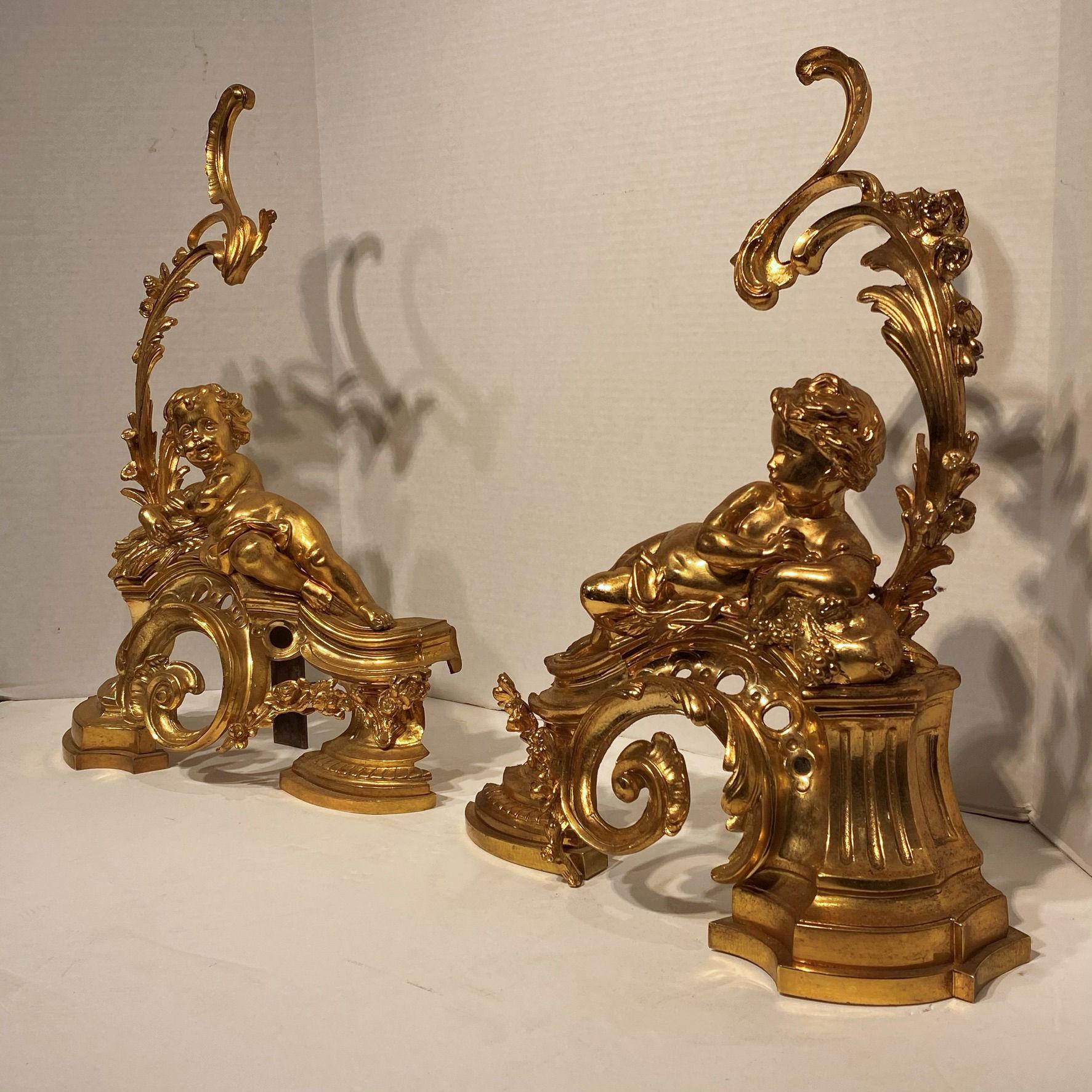 Pair of Figural Louis XV Style Cherub Motif Ormolu Bronze Andirons For Sale 5