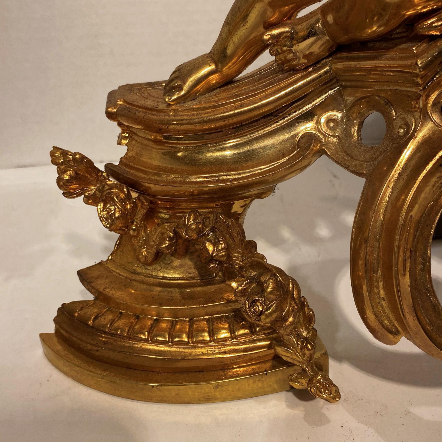 Pair of Figural Louis XV Style Cherub Motif Ormolu Bronze Andirons For Sale 7