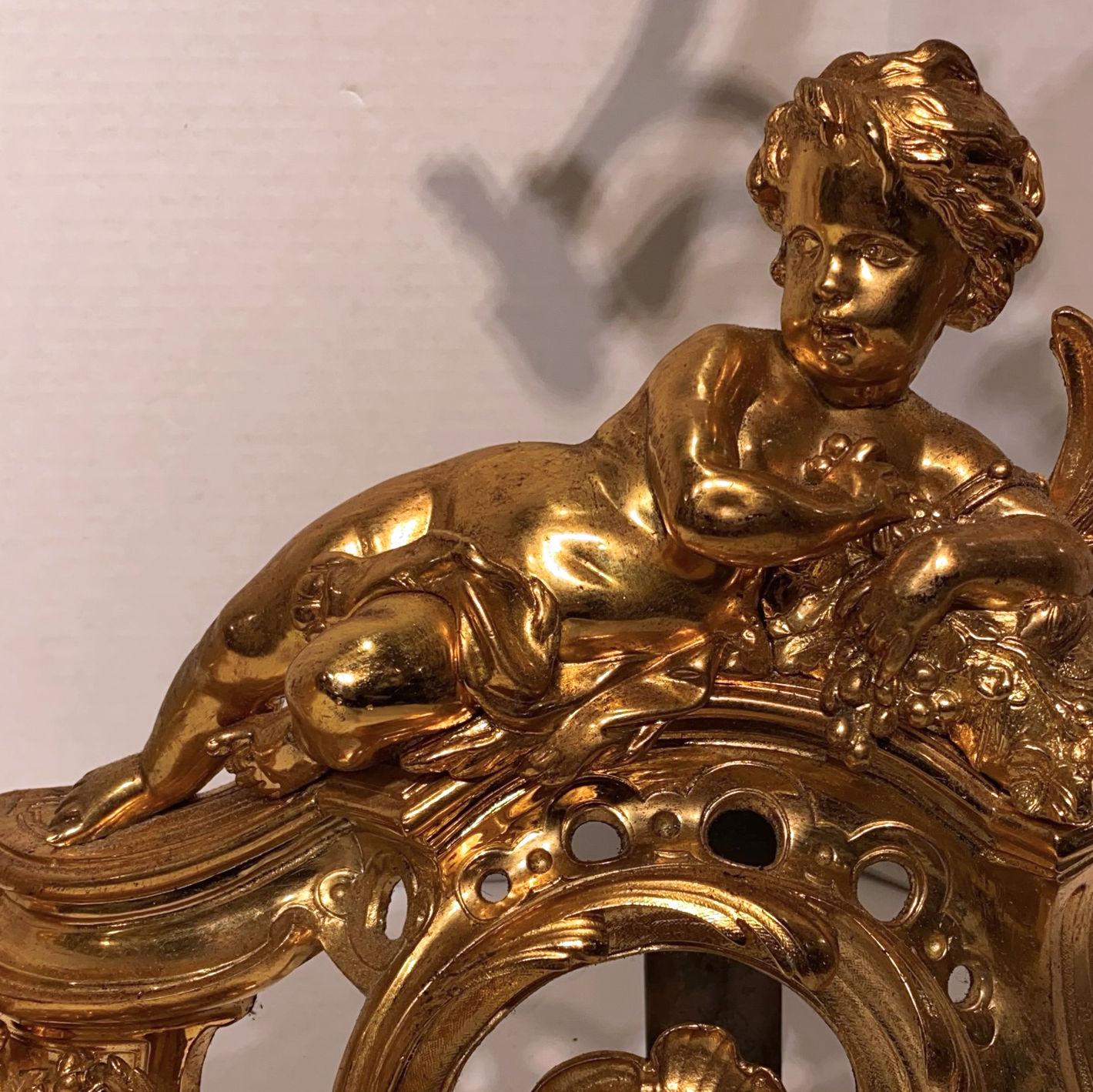 Pair of Figural Louis XV Style Cherub Motif Ormolu Bronze Andirons For Sale 8