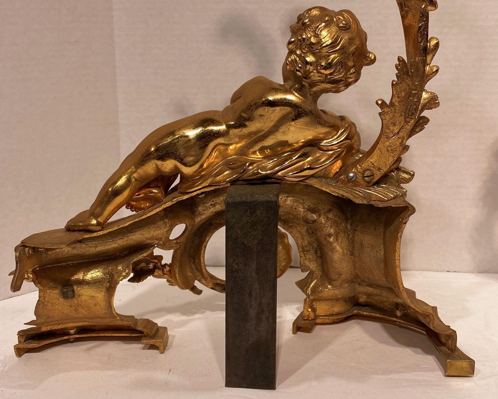Pair of Figural Louis XV Style Cherub Motif Ormolu Bronze Andirons For Sale 9
