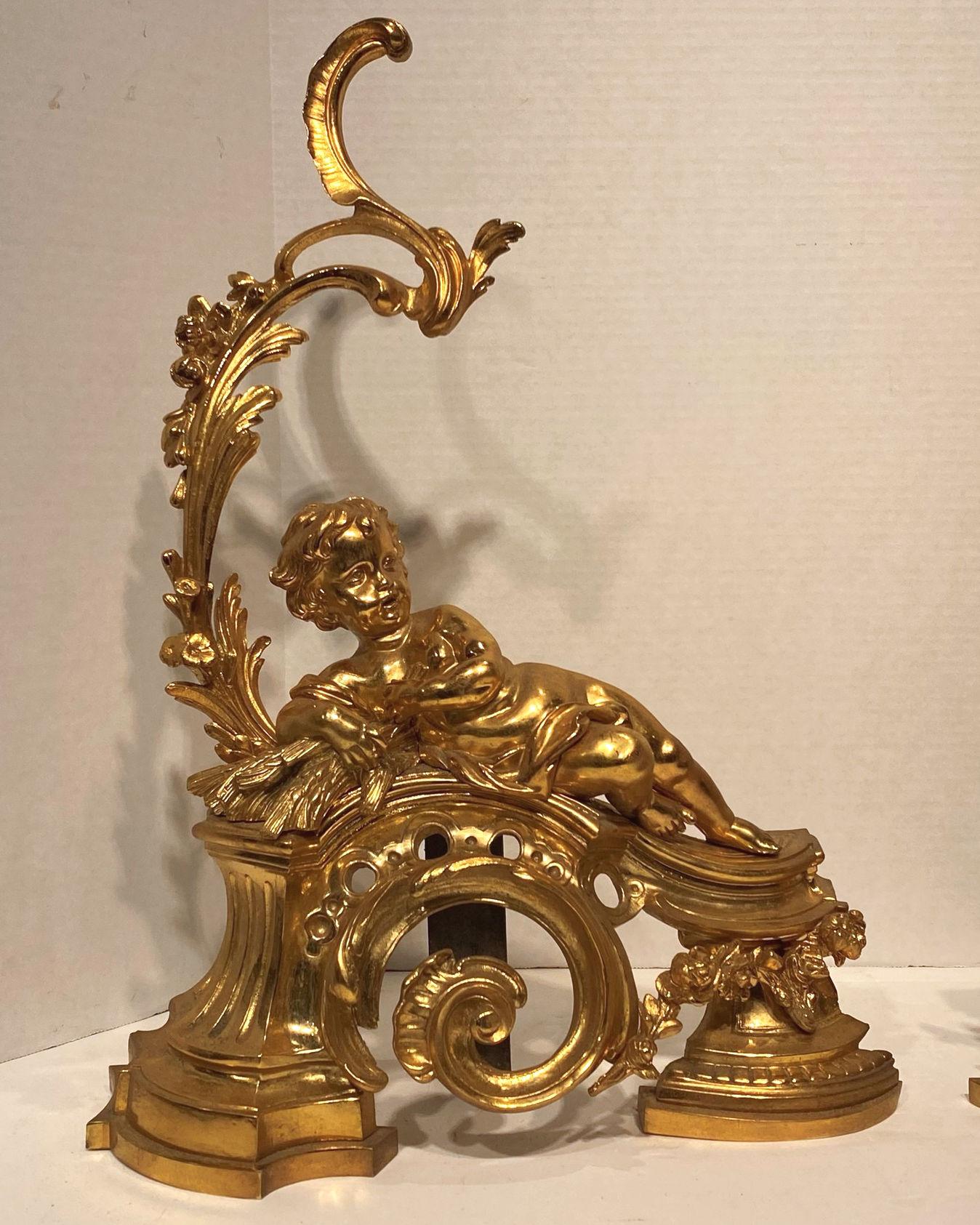19th Century Pair of Figural Louis XV Style Cherub Motif Ormolu Bronze Andirons For Sale