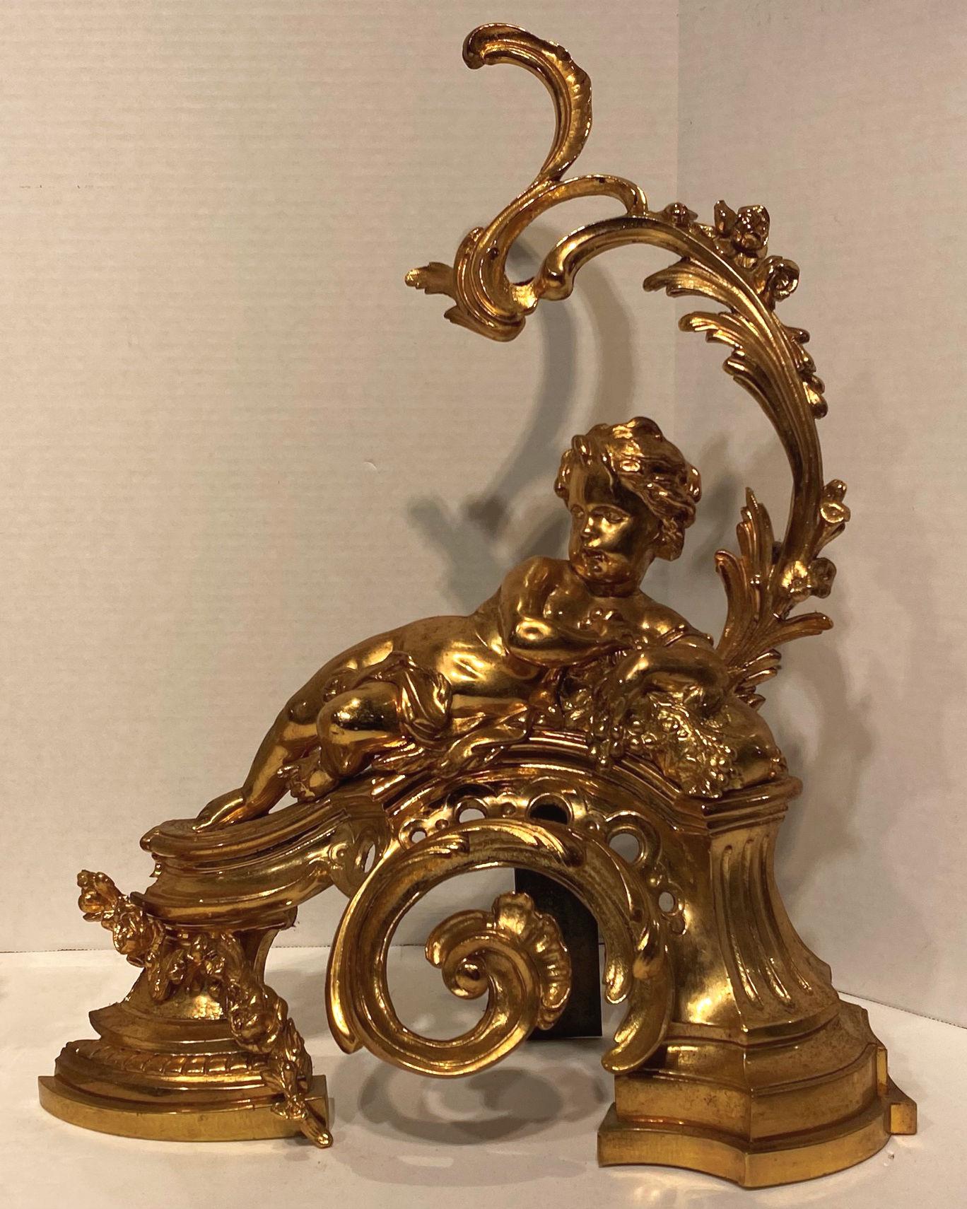 Pair of Figural Louis XV Style Cherub Motif Ormolu Bronze Andirons For Sale 1