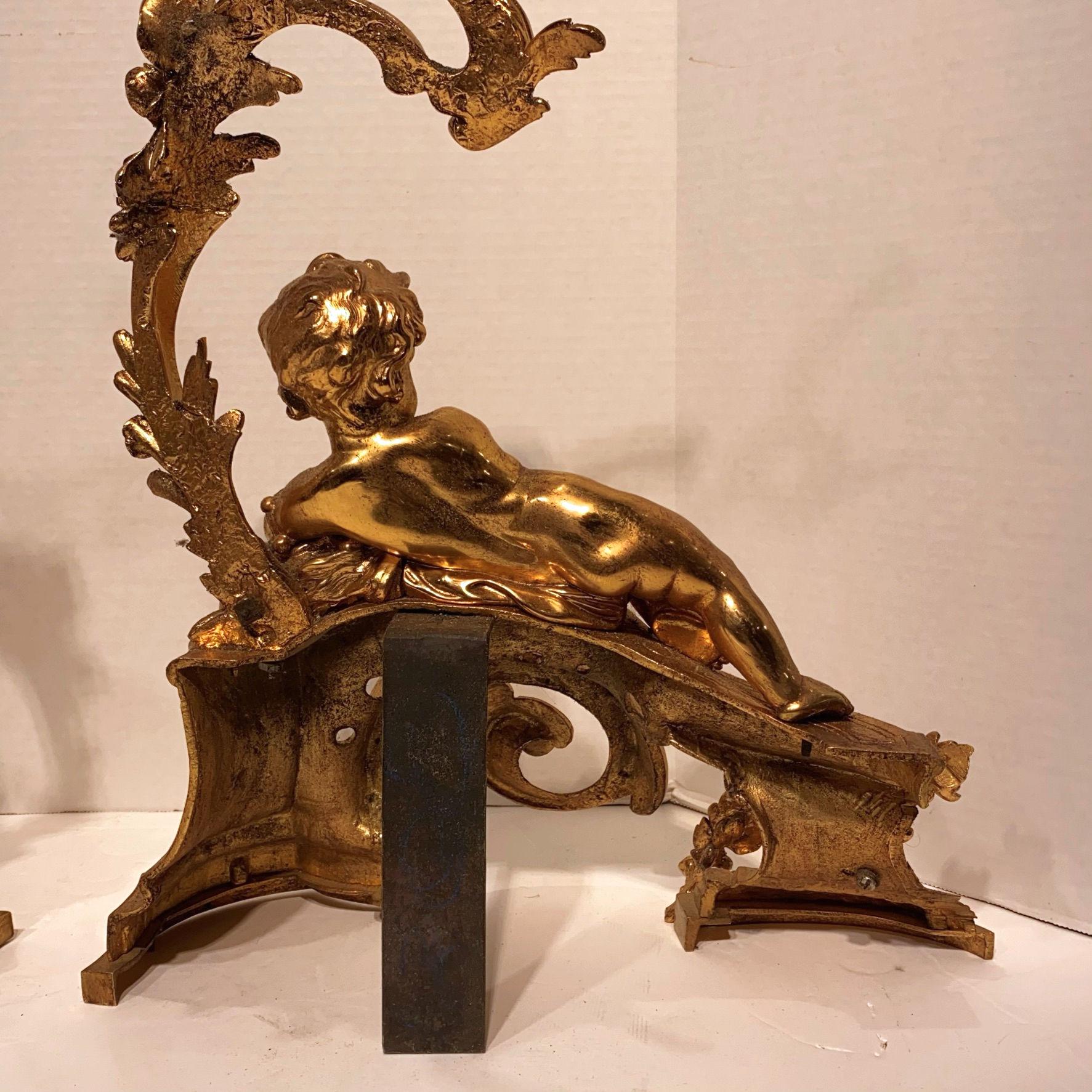 Pair of Figural Louis XV Style Cherub Motif Ormolu Bronze Andirons For Sale 2