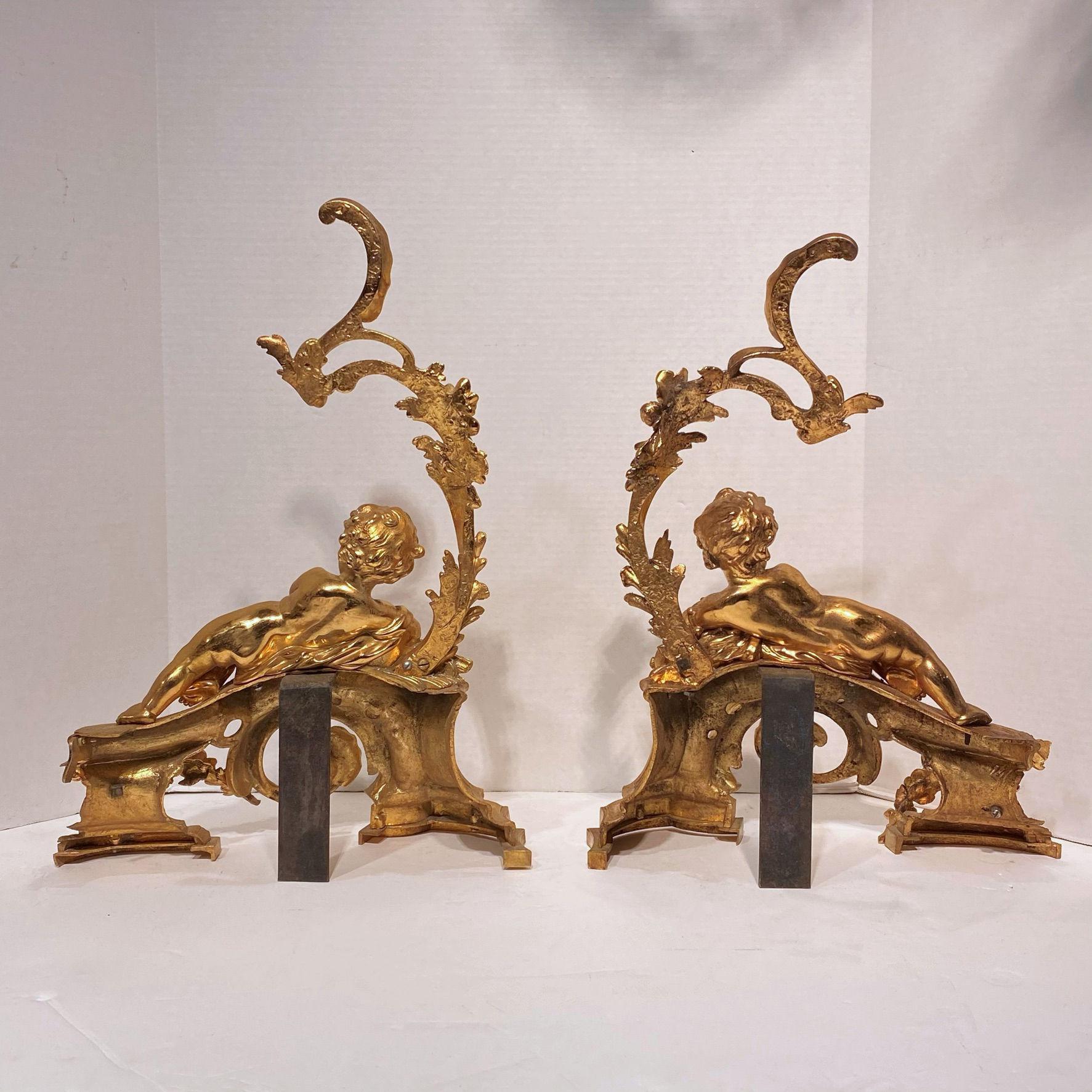 Pair of Figural Louis XV Style Cherub Motif Ormolu Bronze Andirons For Sale 3