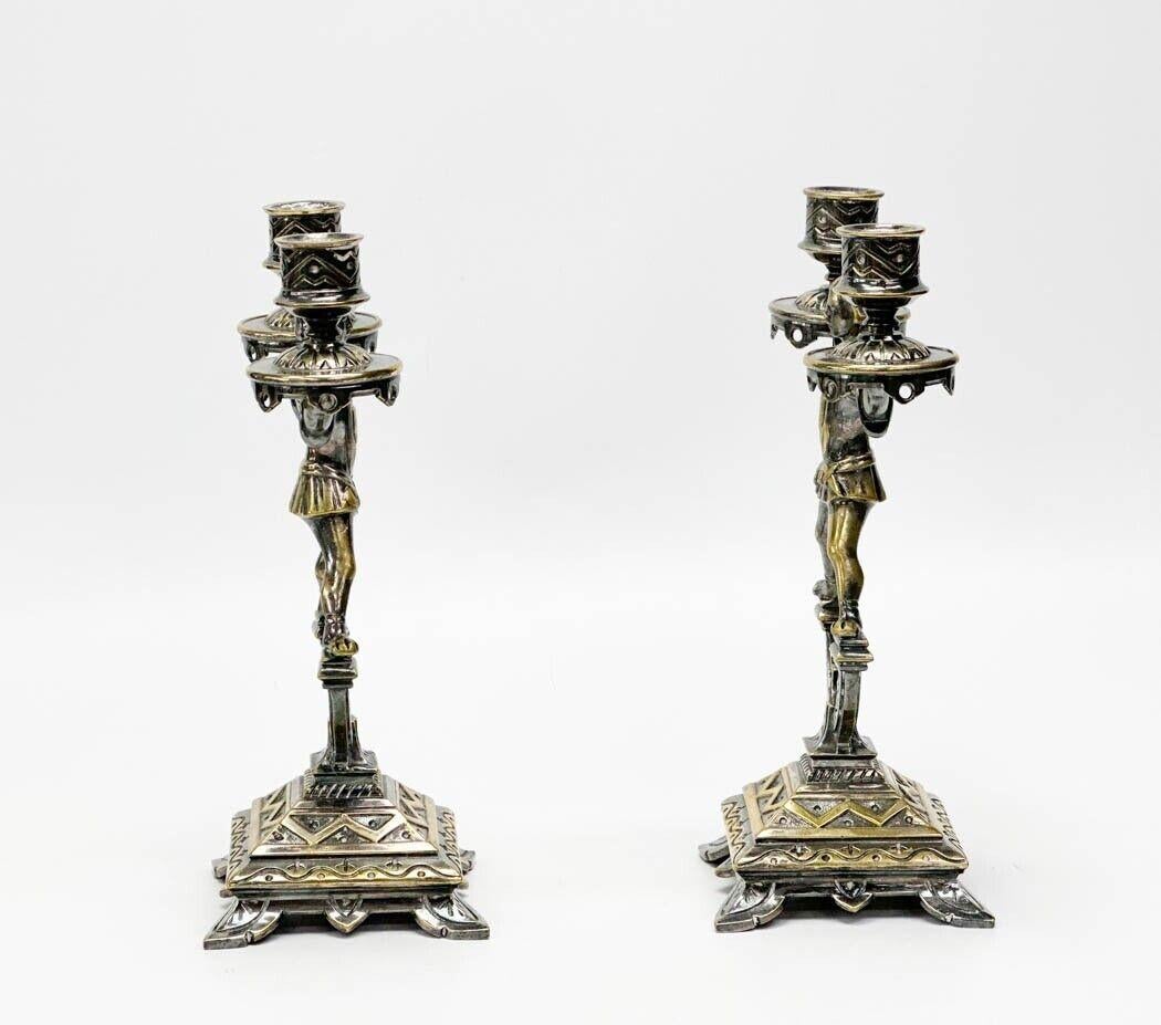  Pair Figural Squires Silver Plate Candlestick Holders circa 1900 In Good Condition For Sale In Gardena, CA
