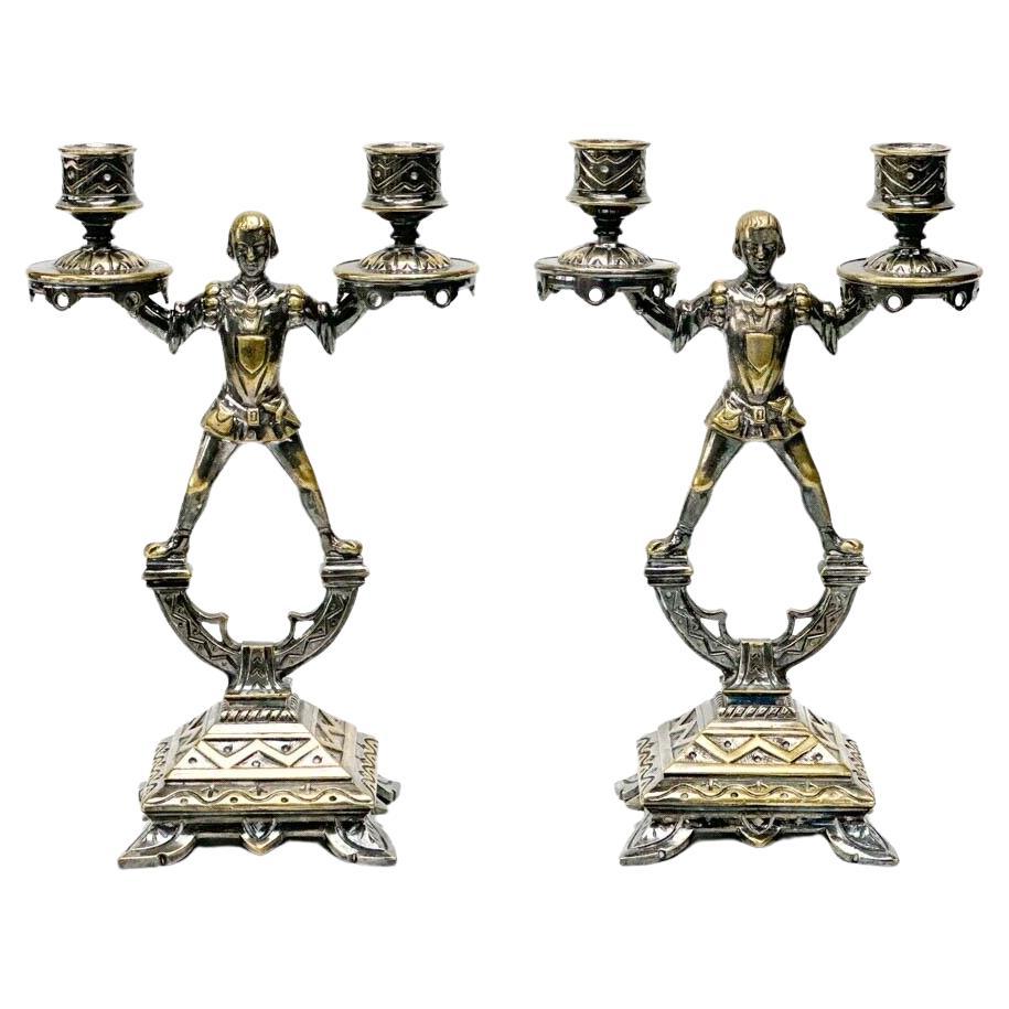  Pair Figural Squires Silver Plate Candlestick Holders circa 1900 For Sale