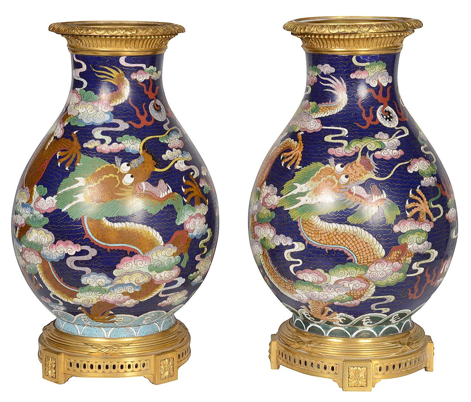 Enamel Pair Fine 19th Century Chinese Cloisonné Lamps For Sale