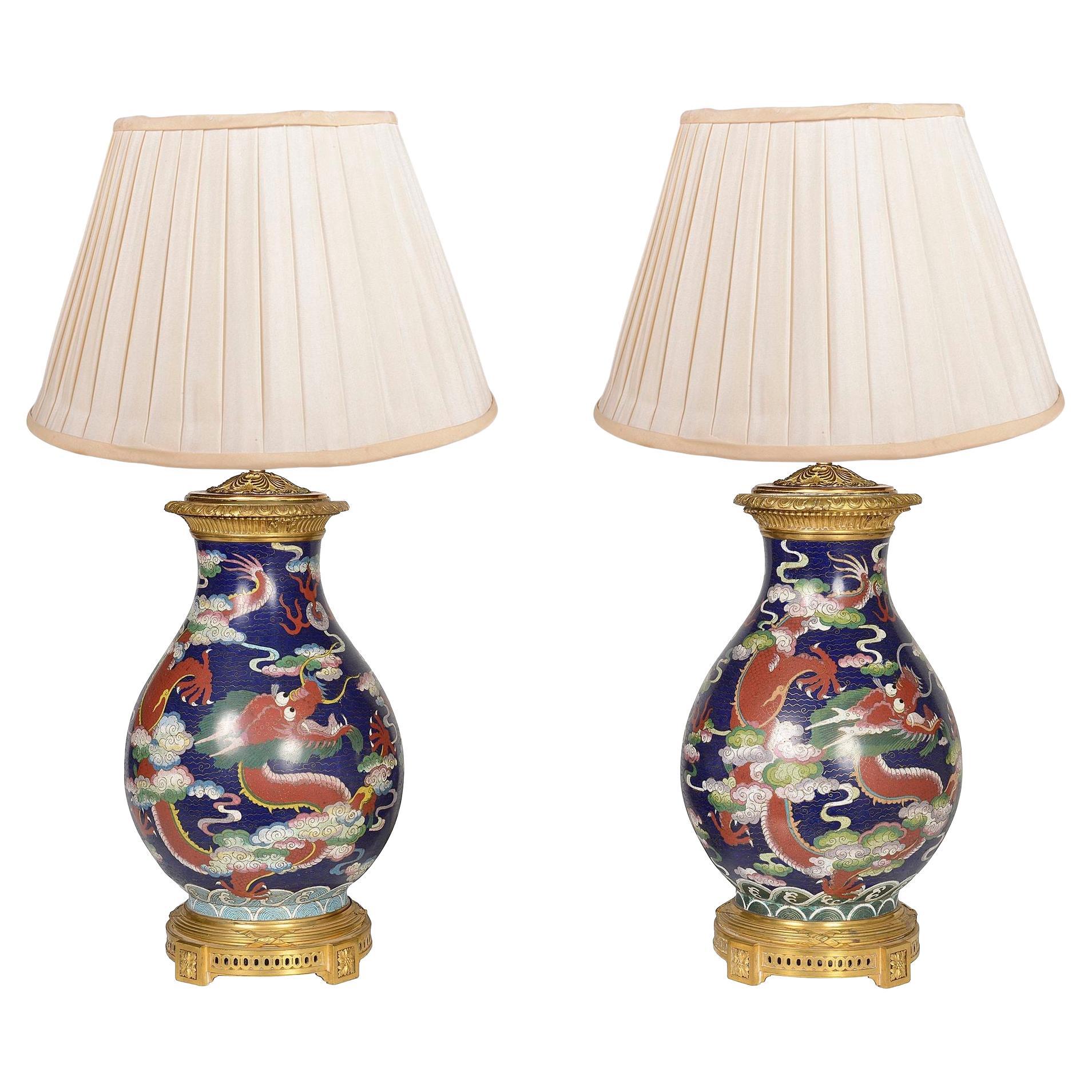 Pair Fine 19th Century Chinese Cloisonné Lamps For Sale