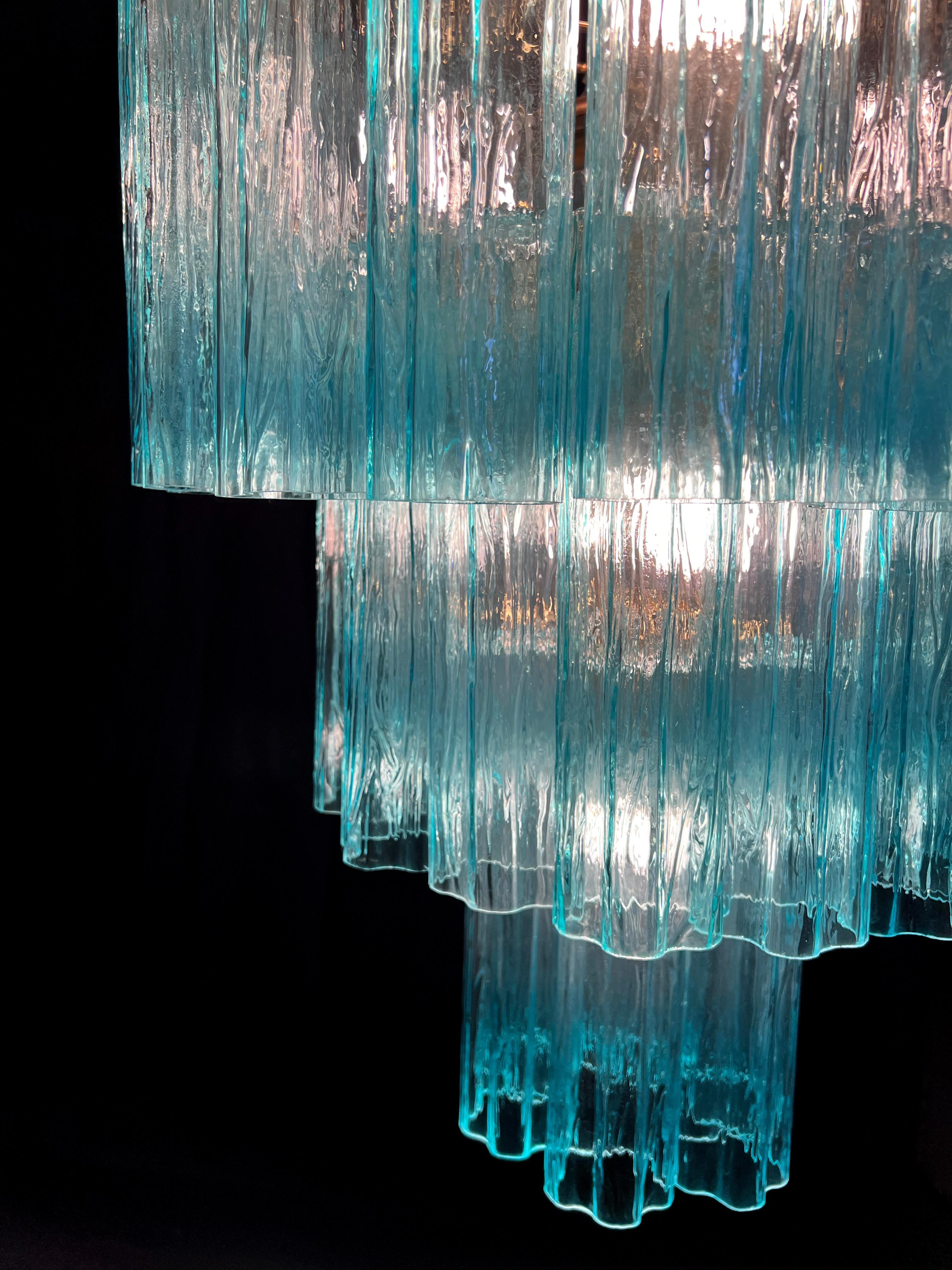 Glass Pair Fine and Precious Blue Italian Chandeliers by Valentina Planta, Murano For Sale