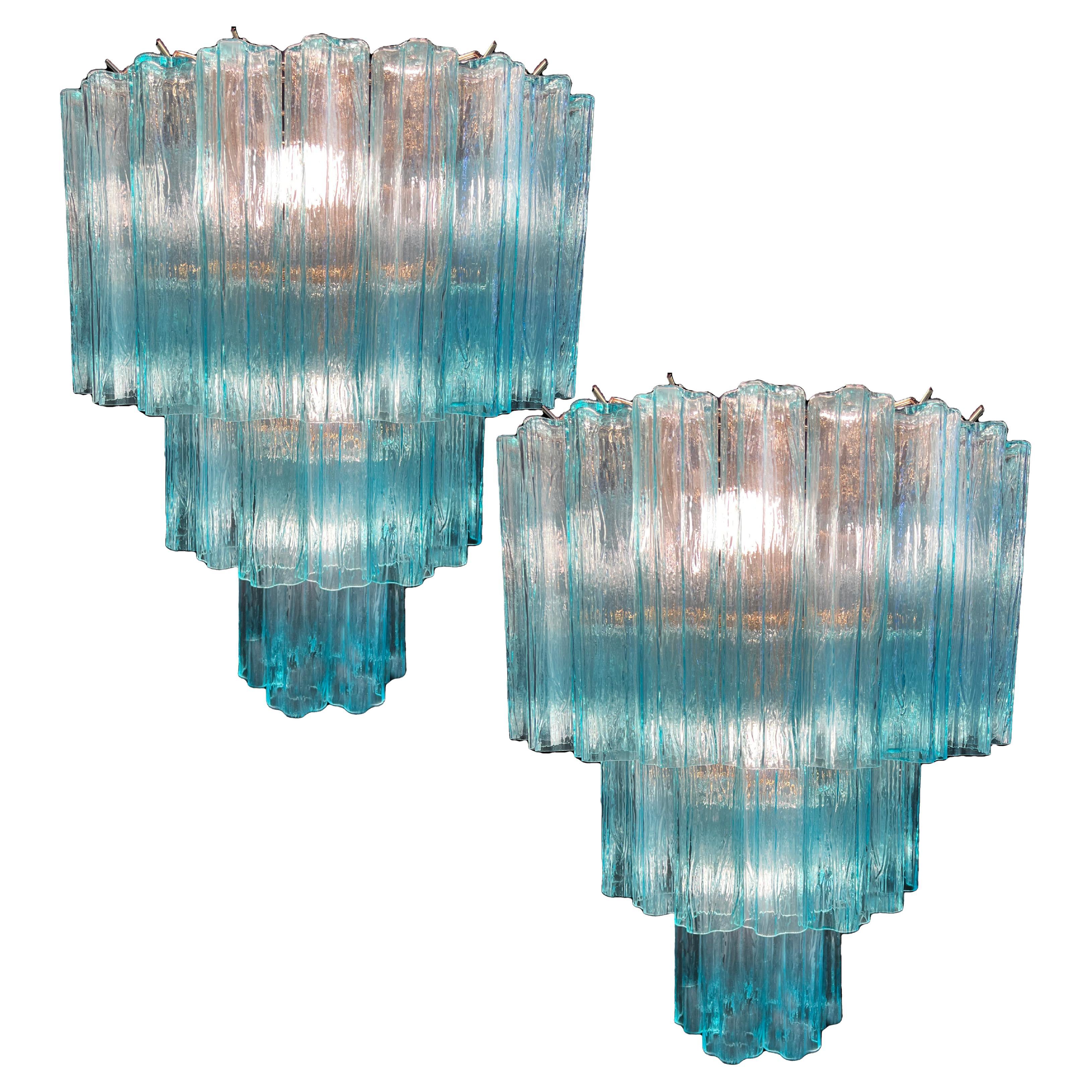 Pair Fine and Precious Blue Italian Chandeliers by Valentina Planta, Murano For Sale