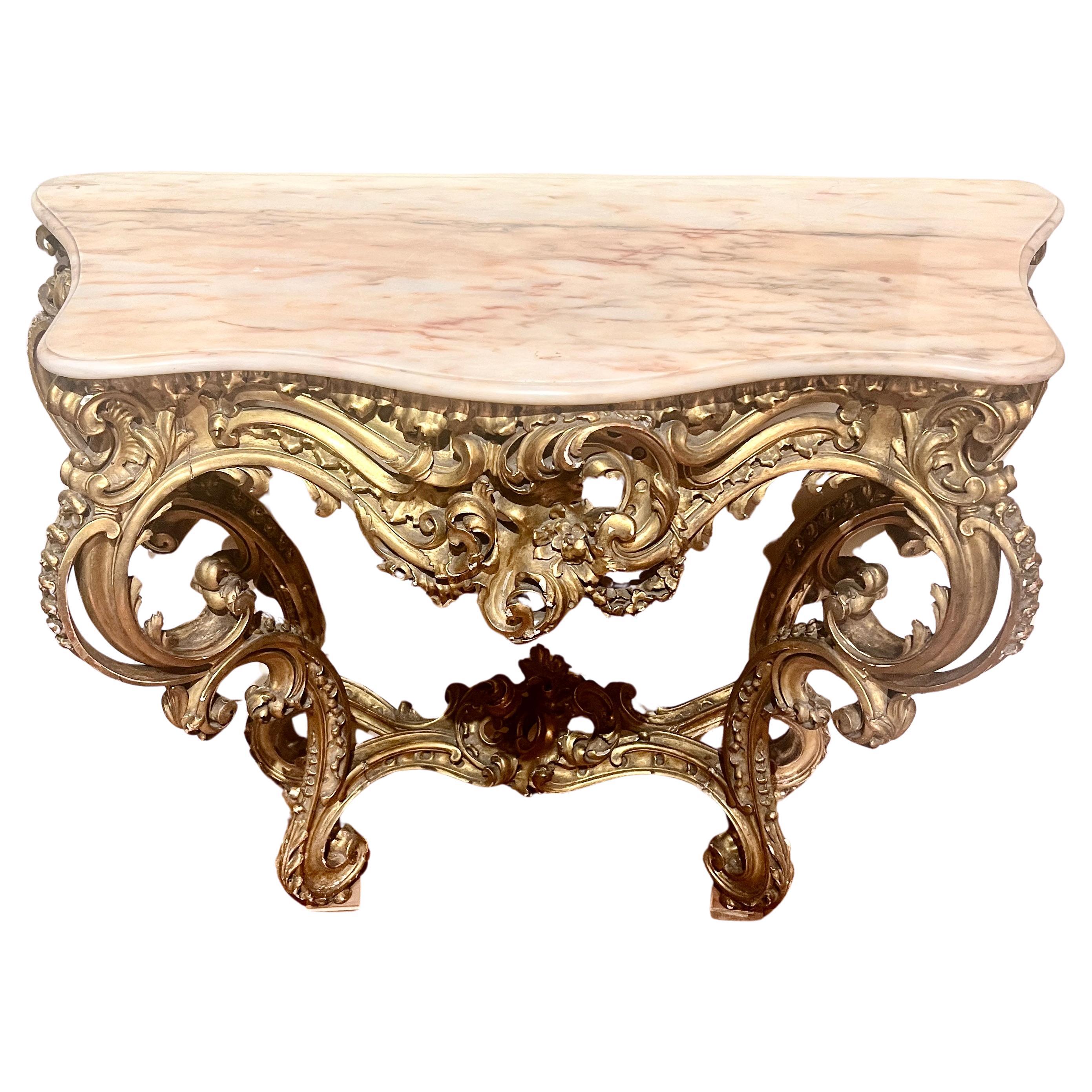 European Pair Fine Antique 19th Century Continental Gold Leaf & Marble Top Console Tables For Sale