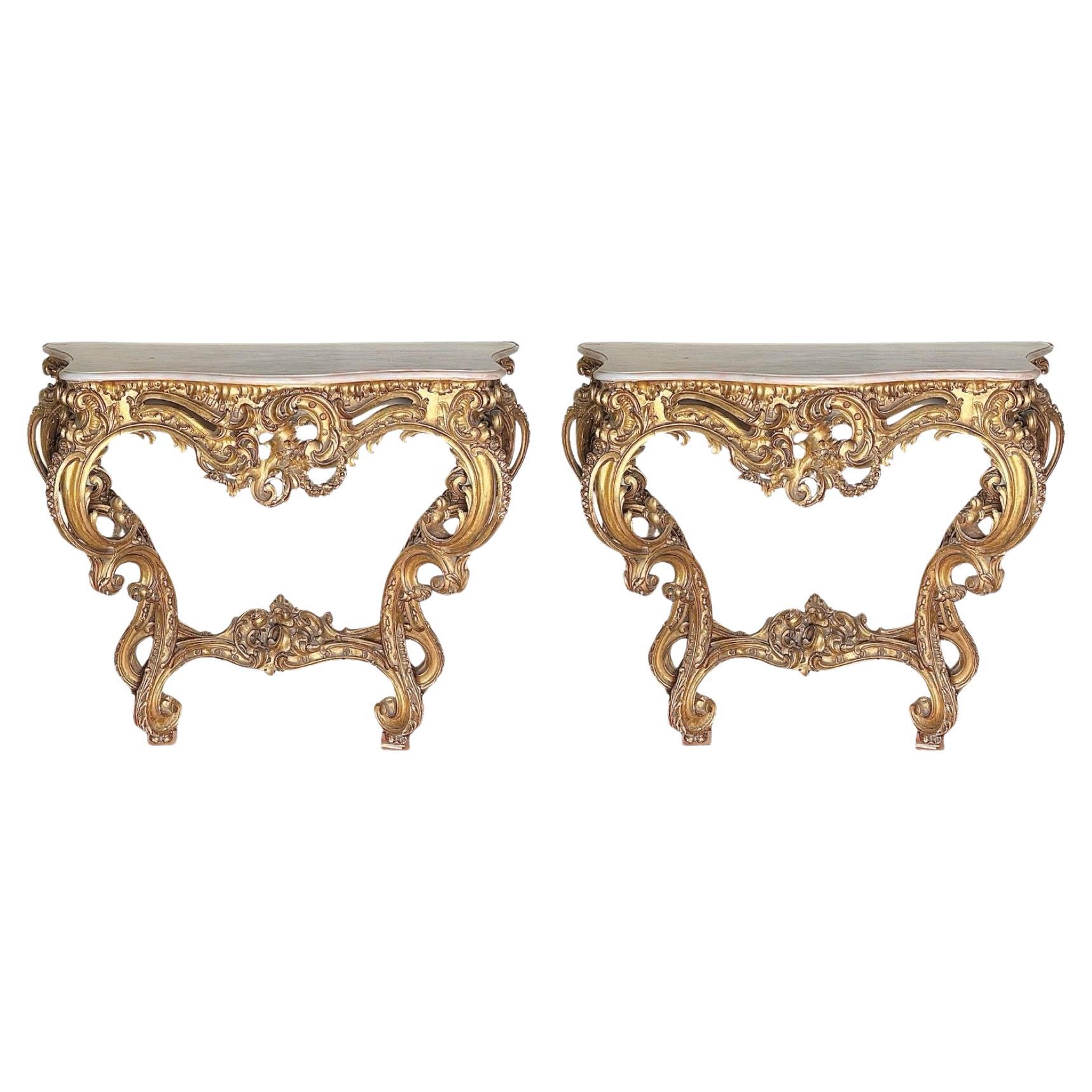 Pair Fine Antique 19th Century Continental Gold Leaf & Marble Top Console Tables