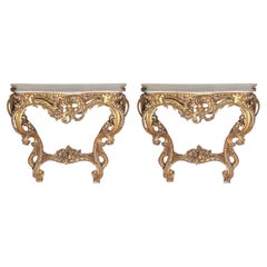 Pair Fine Antique 19th Century Continental Gold Leaf & Marble Top Console Tables