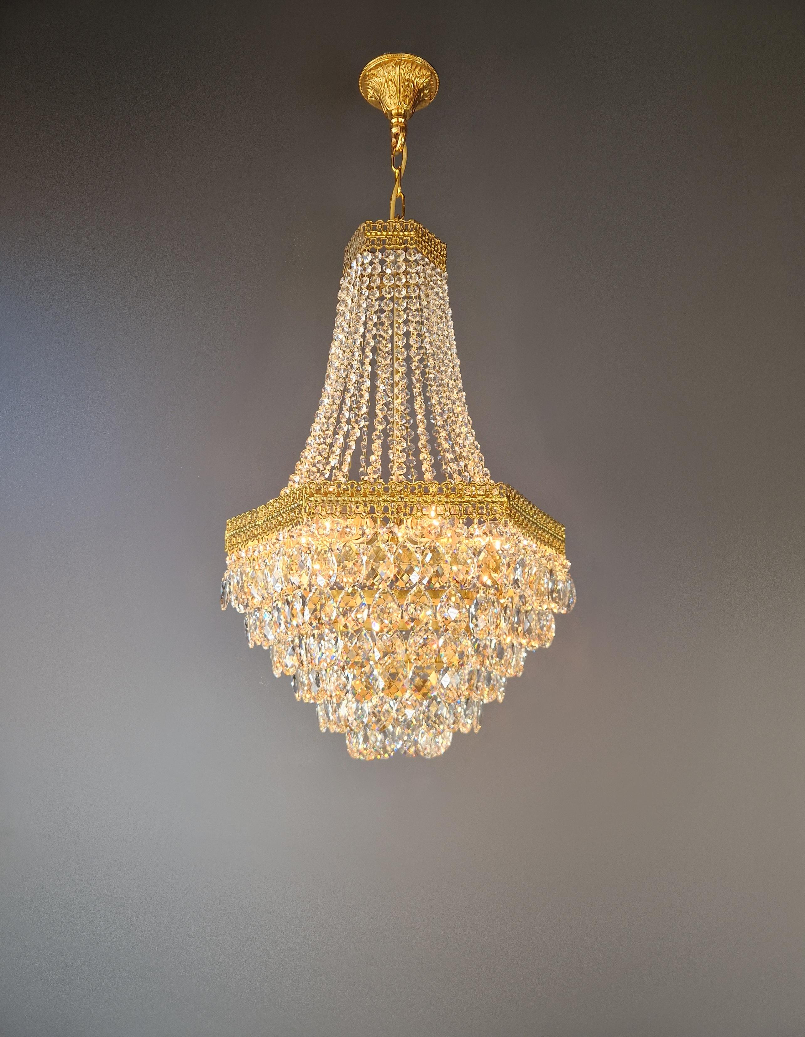 Pair Fine Brass Empire Sac a Pearl Chandelier Crystal Lustre Lamp Antique For Sale 4