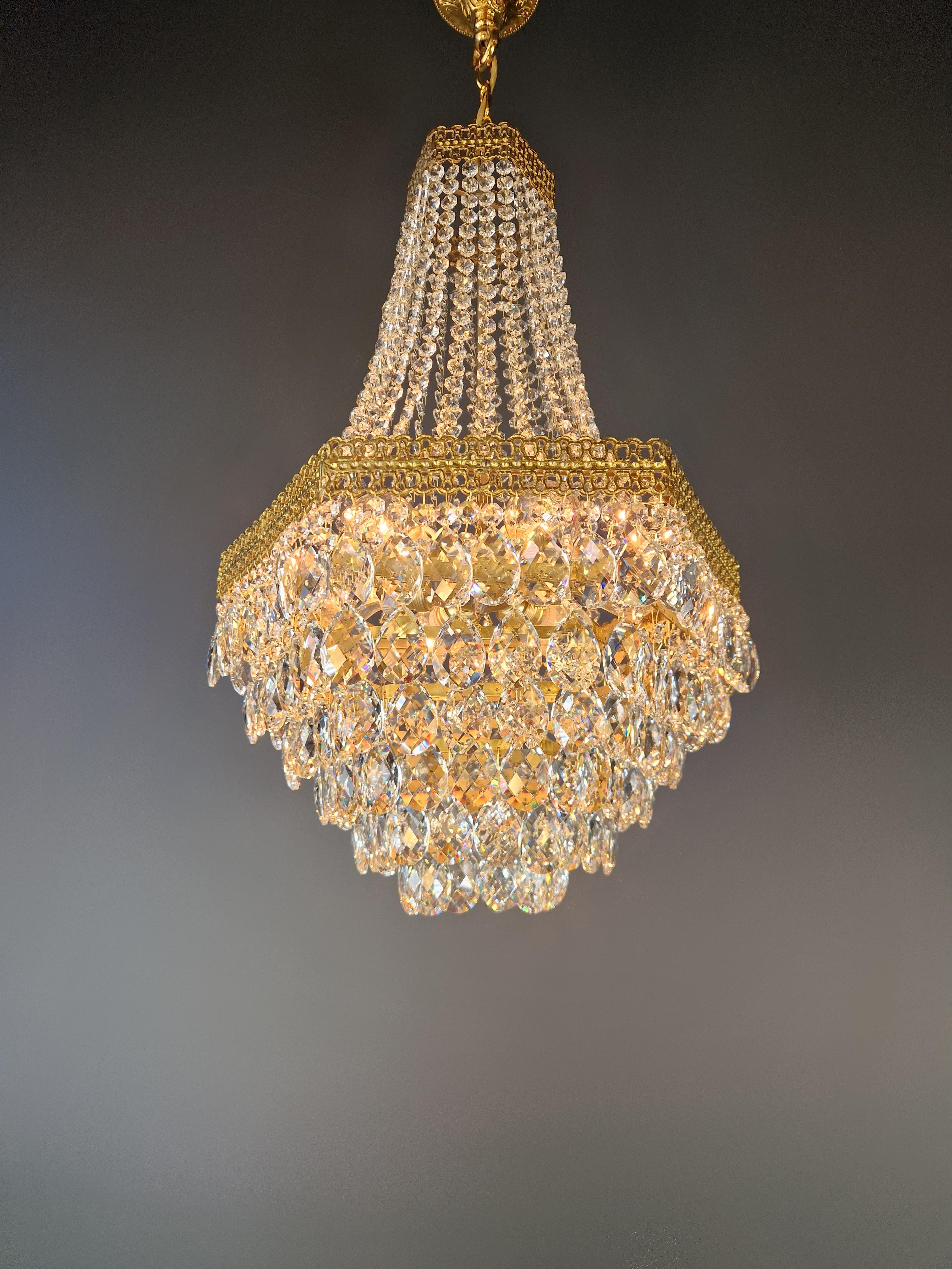 Pair Fine Brass Empire Sac a Pearl Chandelier Crystal Lustre Lamp Antique For Sale 5