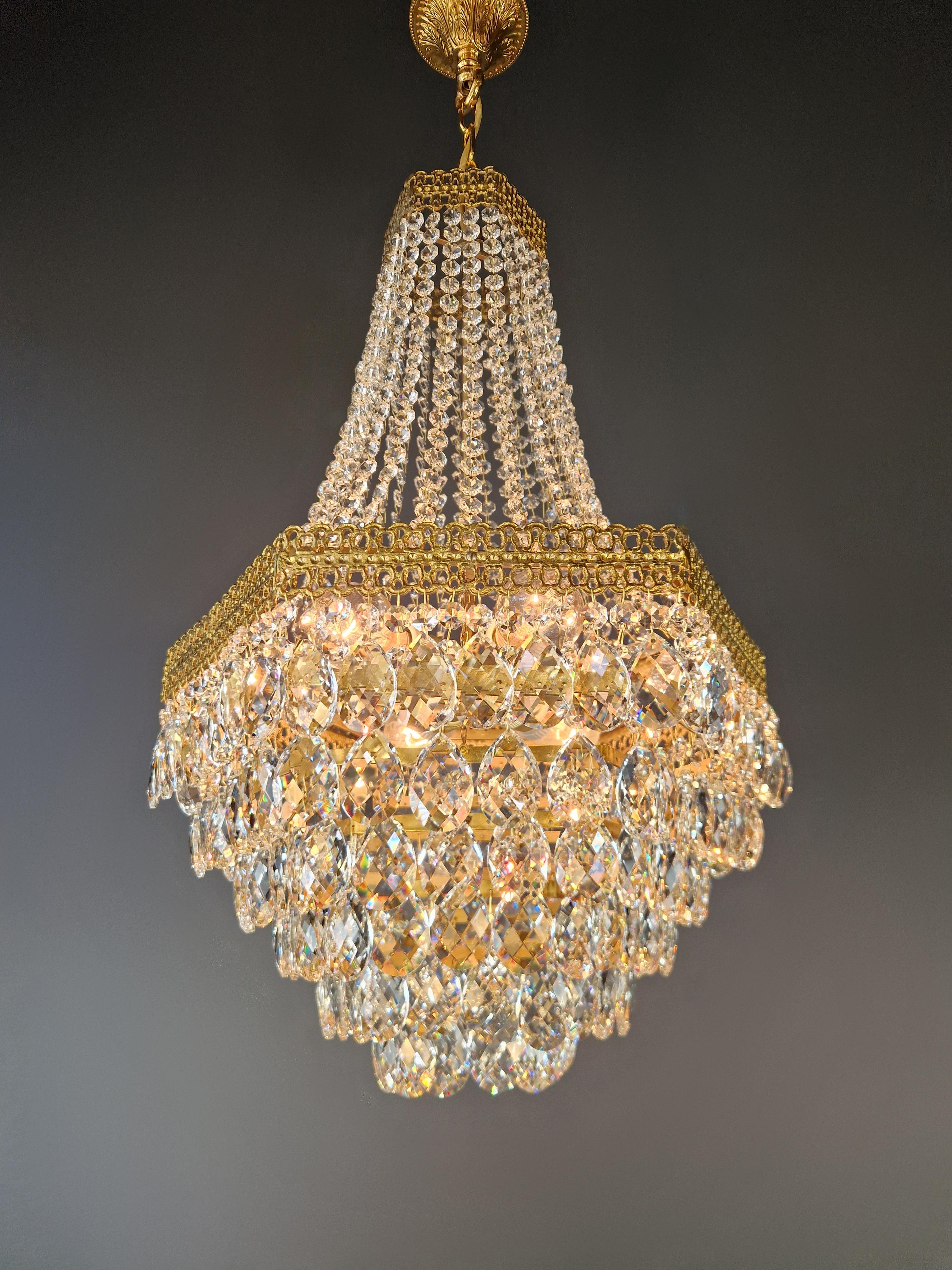 Pair Fine Brass Empire Sac a Pearl Chandelier Crystal Lustre Lamp Antique For Sale 6