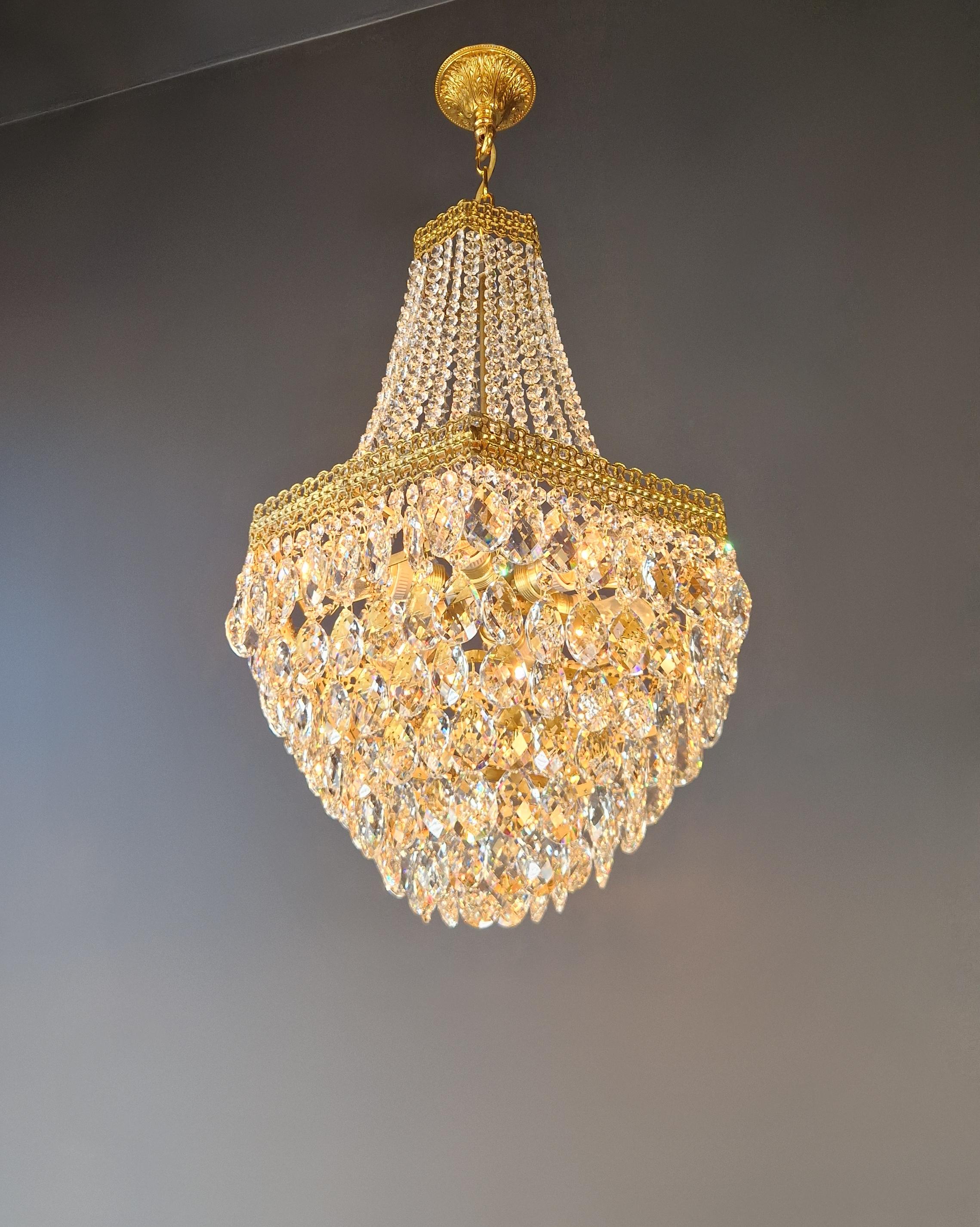 Pair Fine Brass Empire Sac a Pearl Chandelier Crystal Lustre Lamp Antique For Sale 7