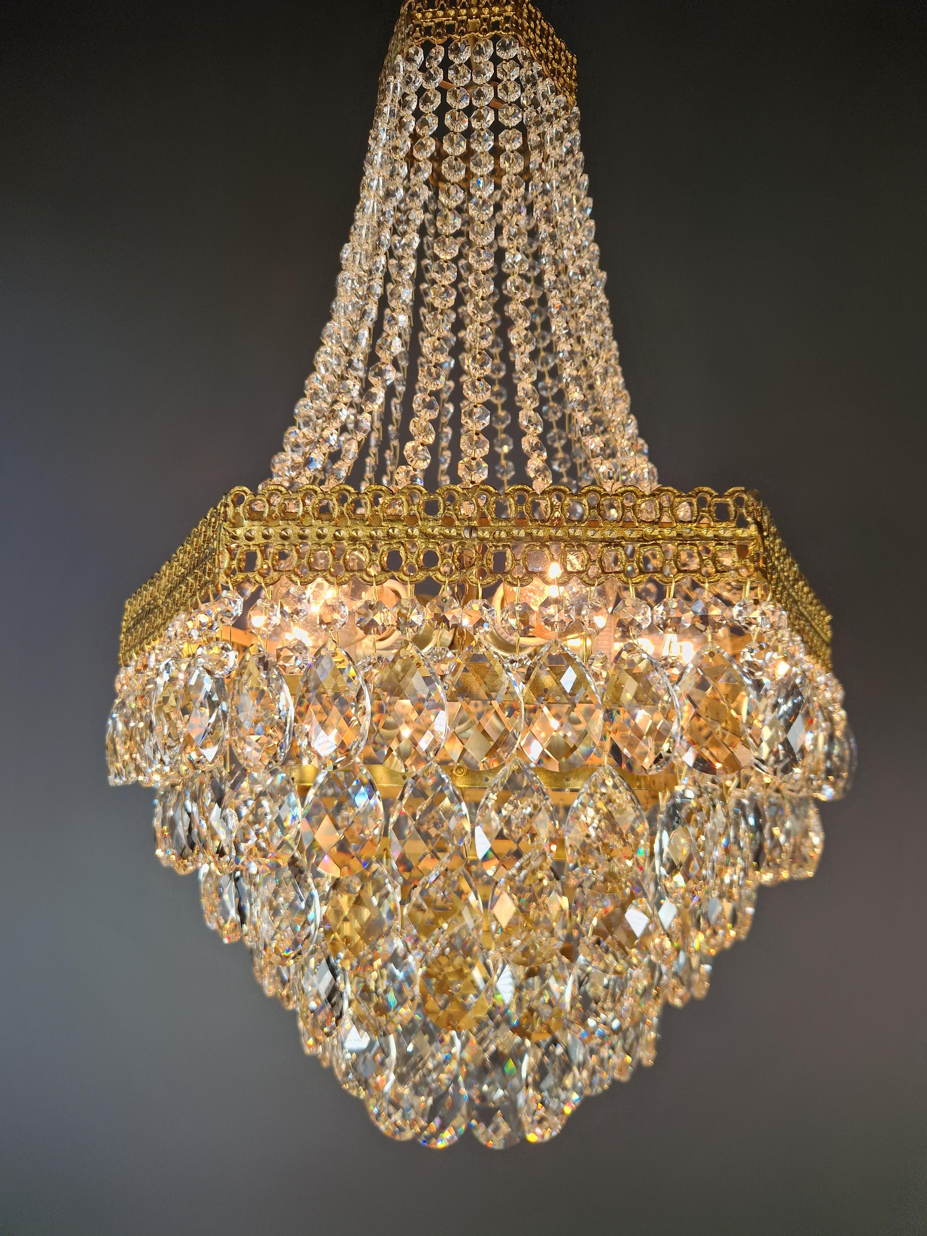 Pair Fine Brass Empire Sac a Pearl Chandelier Crystal Lustre Lamp Antique For Sale 8