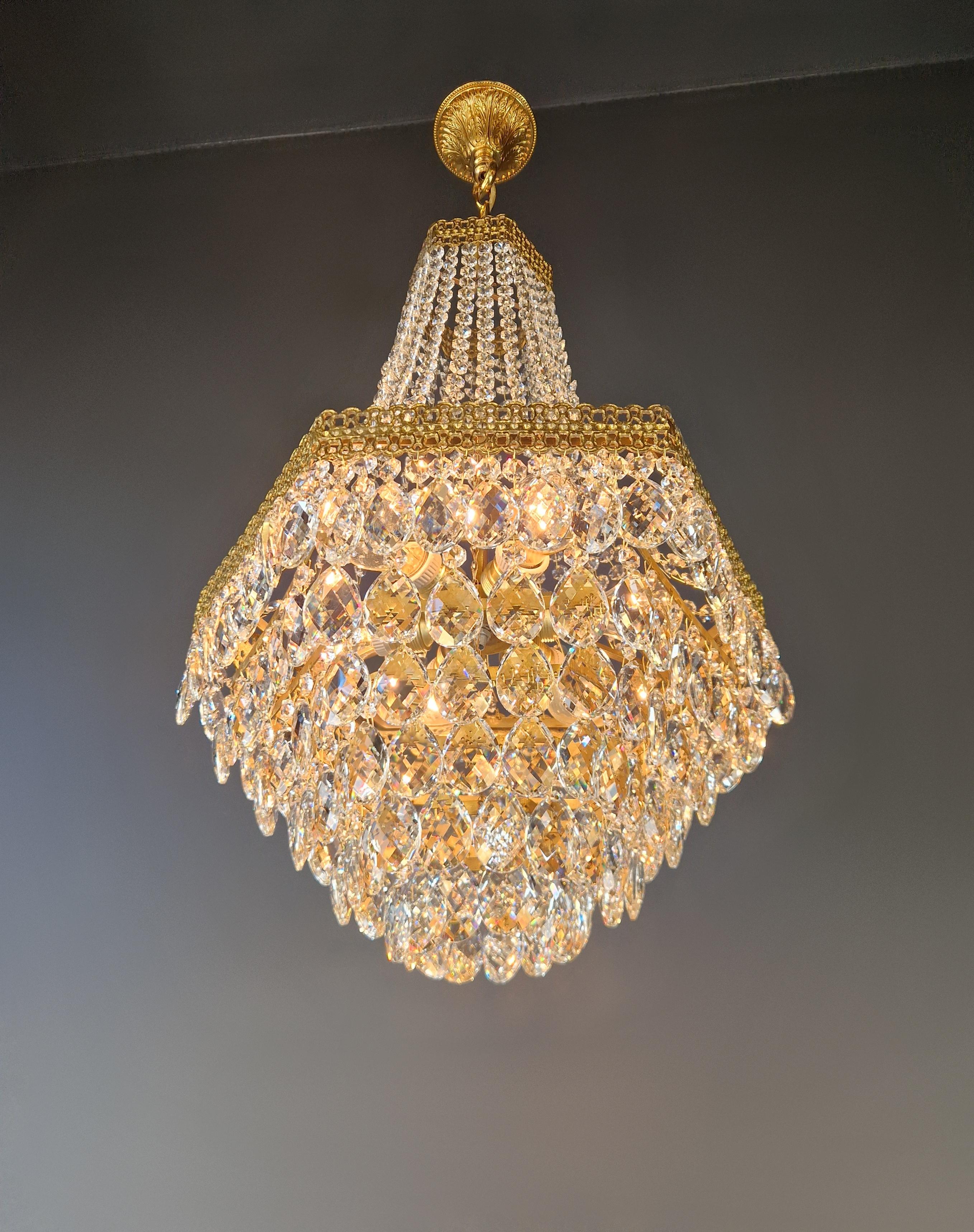 Pair Fine Brass Empire Sac a Pearl Chandelier Crystal Lustre Lamp Antique For Sale 9