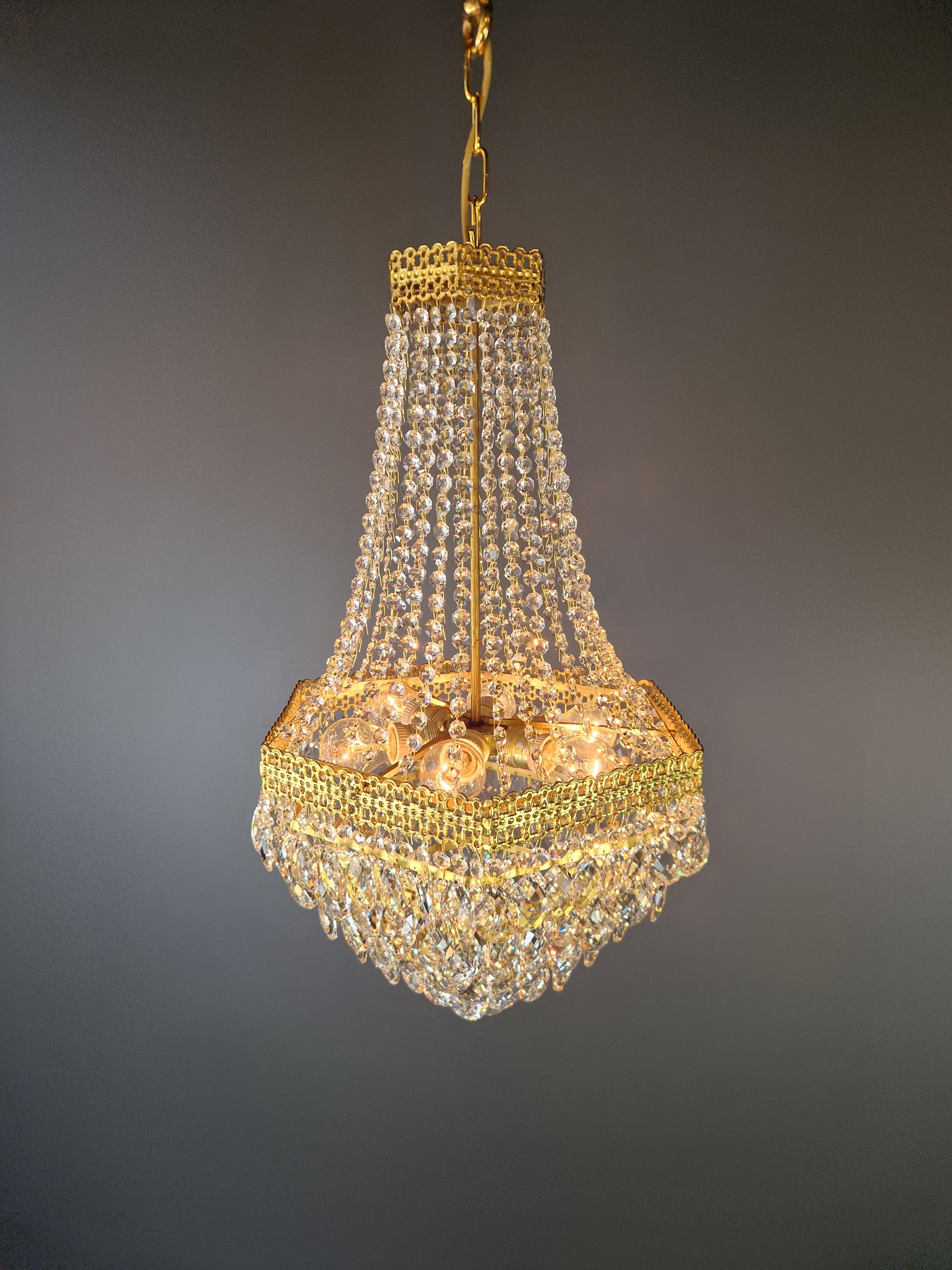 Pair Fine Brass Empire Sac a Pearl Chandelier Crystal Lustre Lamp Antique For Sale 10
