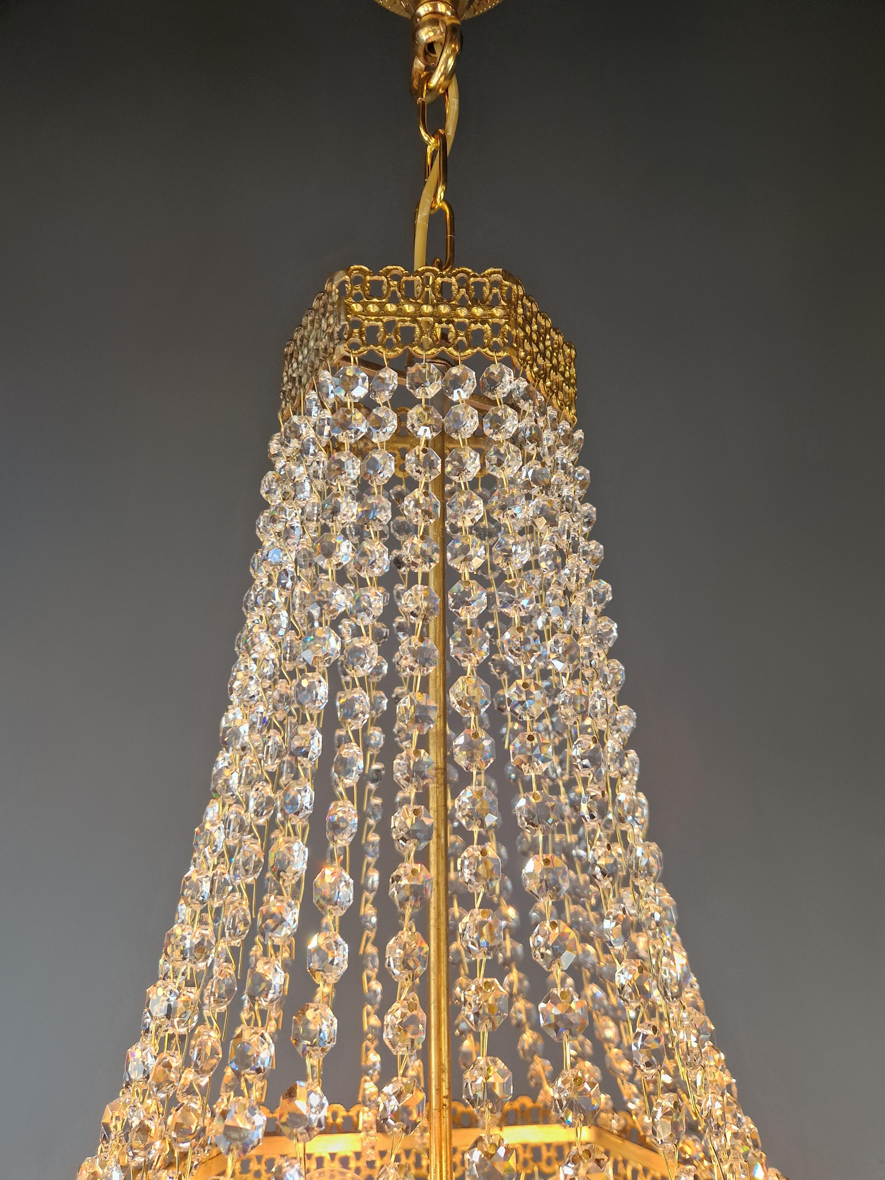 Pair Fine Brass Empire Sac a Pearl Chandelier Crystal Lustre Lamp Antique For Sale 11
