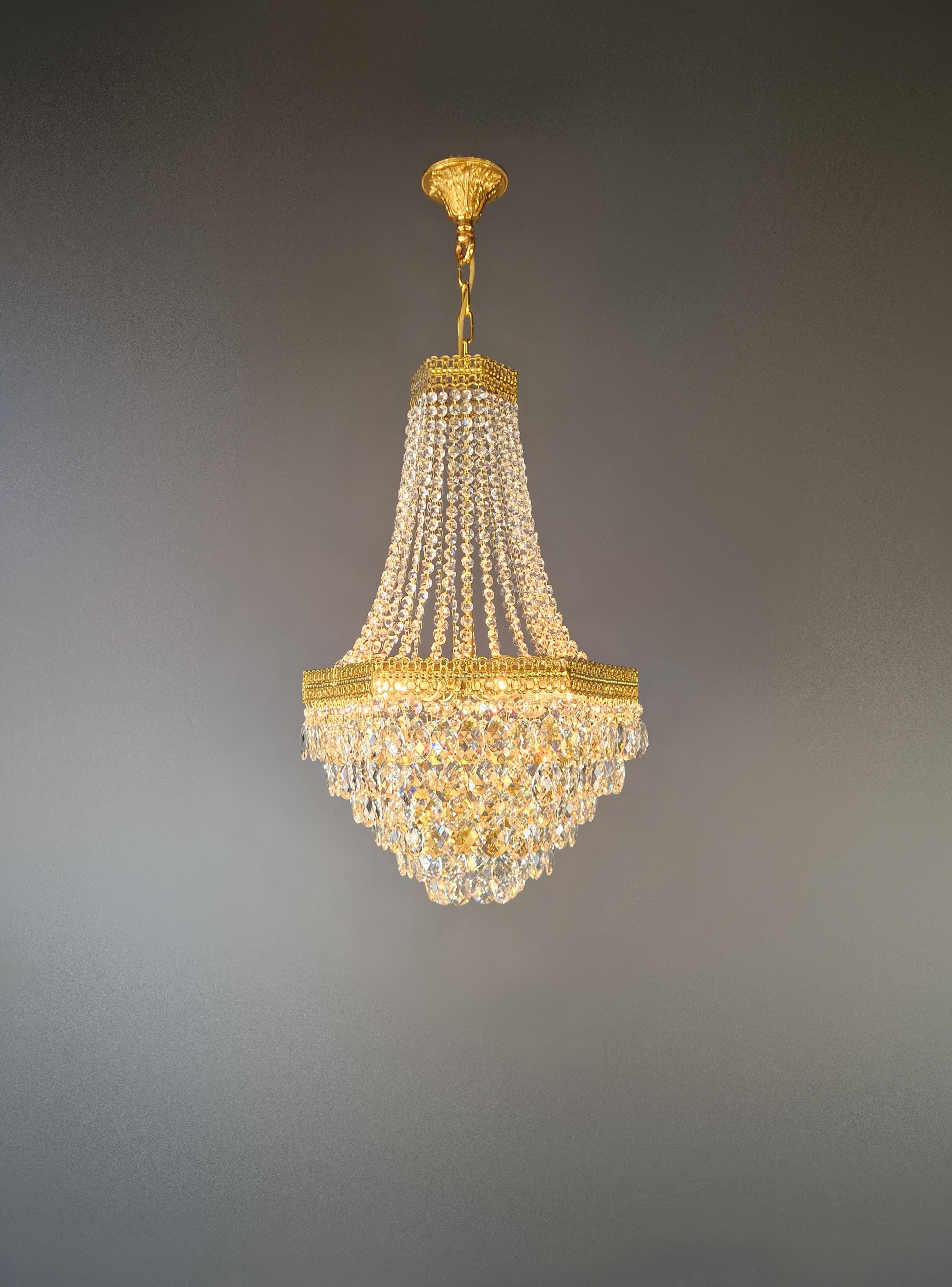 European Pair Fine Brass Empire Sac a Pearl Chandelier Crystal Lustre Lamp Antique For Sale