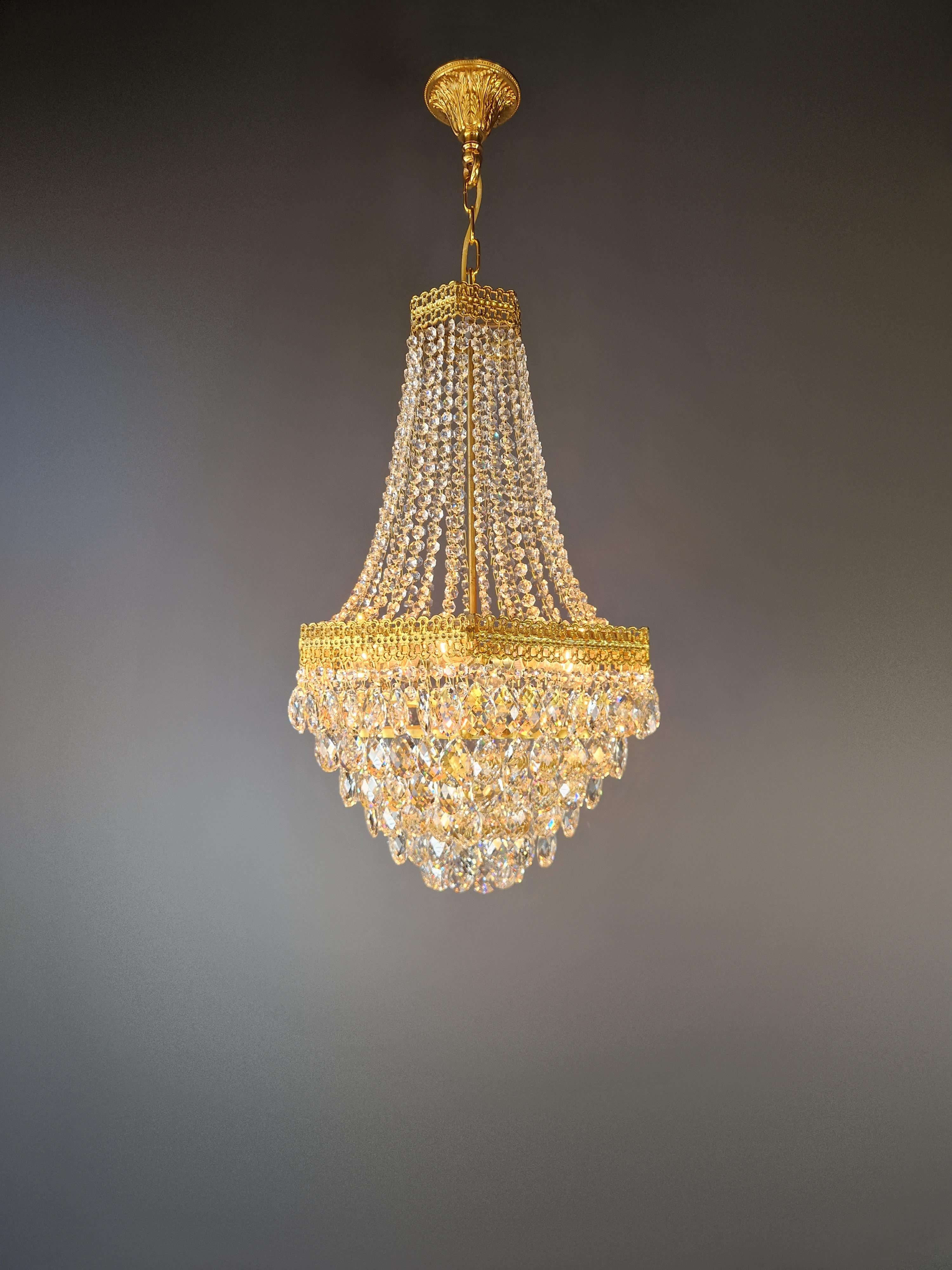 Hand-Knotted Pair Fine Brass Empire Sac a Pearl Chandelier Crystal Lustre Lamp Antique For Sale