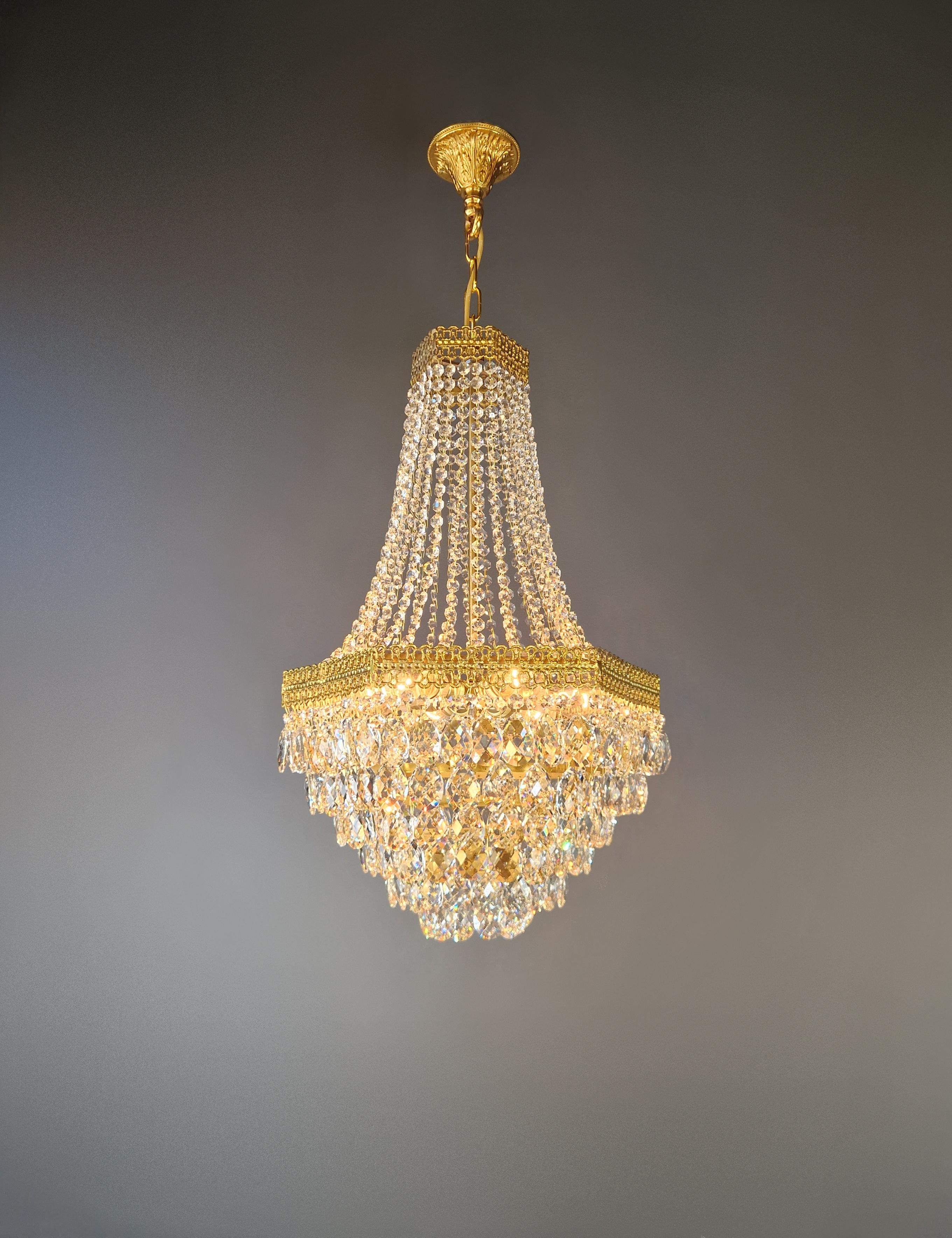 Pair Fine Brass Empire Sac a Pearl Chandelier Crystal Lustre Lamp Antique In Good Condition For Sale In Berlin, DE