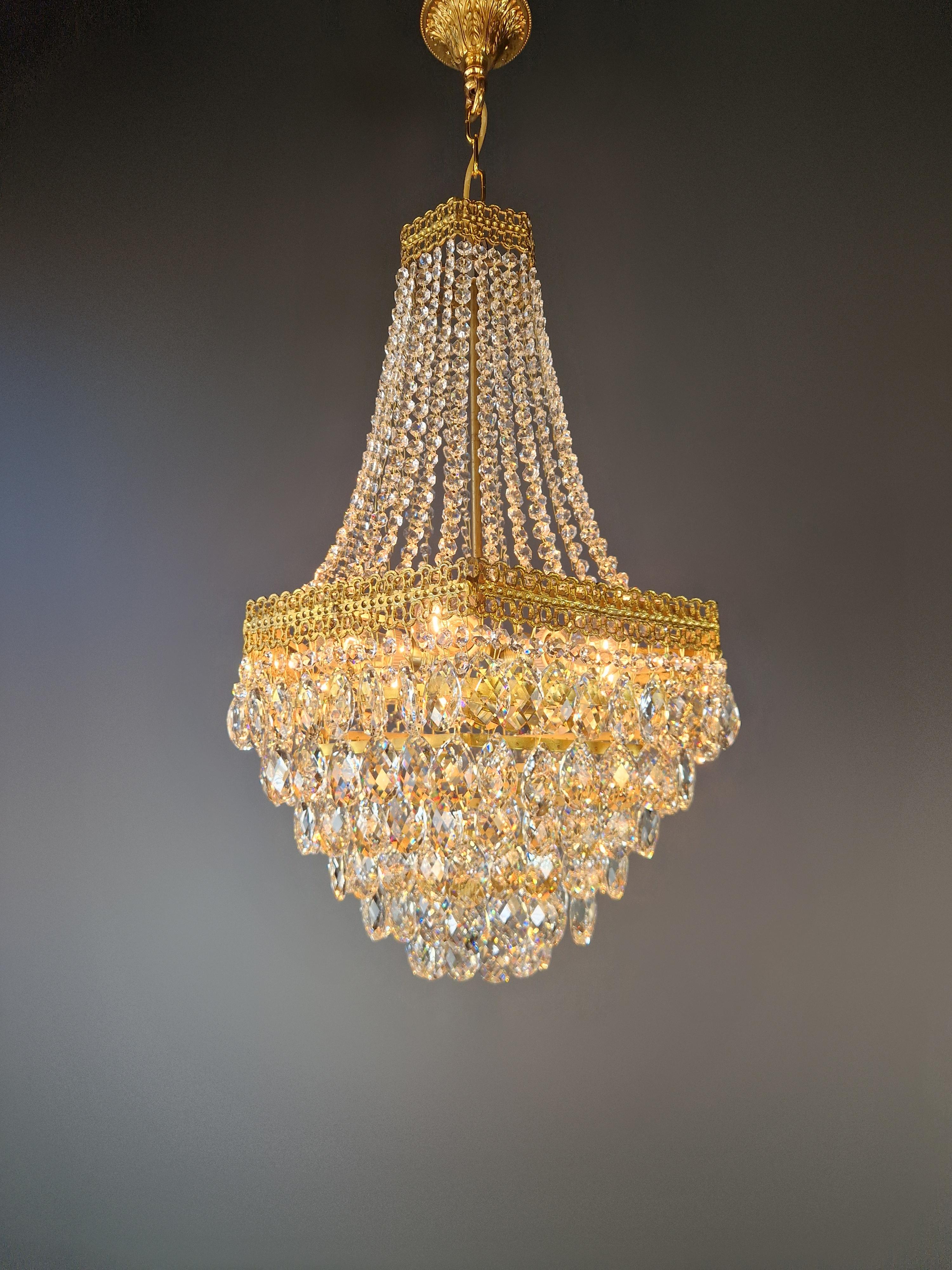 Mid-20th Century Pair Fine Brass Empire Sac a Pearl Chandelier Crystal Lustre Lamp Antique For Sale