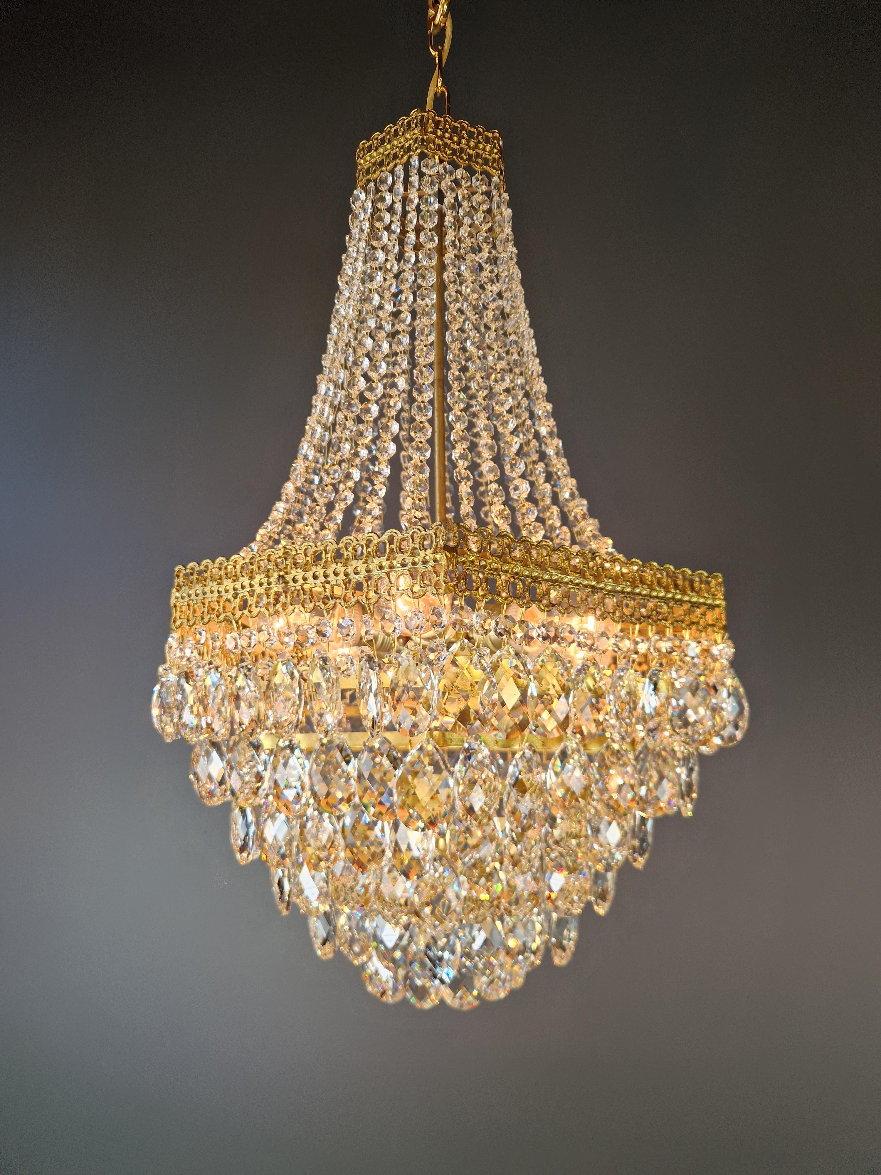 Pair Fine Brass Empire Sac a Pearl Chandelier Crystal Lustre Lamp Antique For Sale 1