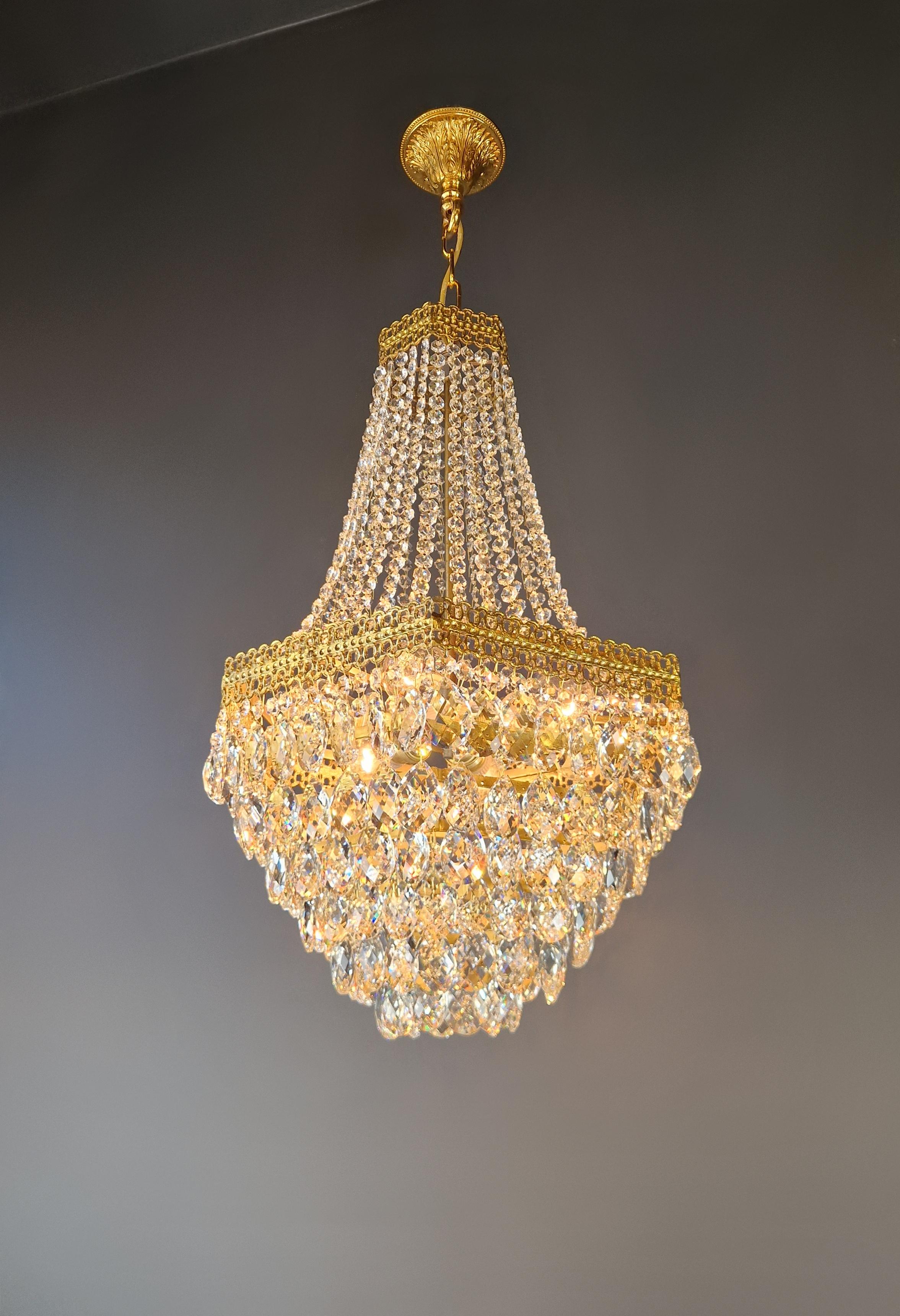 Pair Fine Brass Empire Sac a Pearl Chandelier Crystal Lustre Lamp Antique For Sale 2